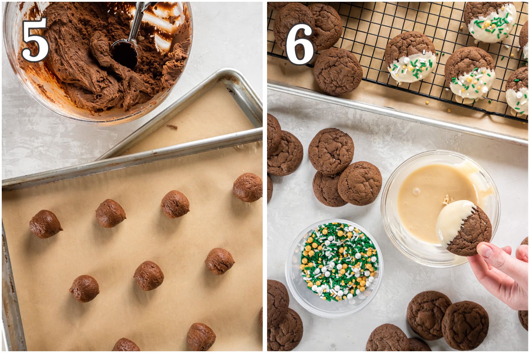 photo collage demonstrating how to roll baileys cookies into balls and dip them in icing after baking.