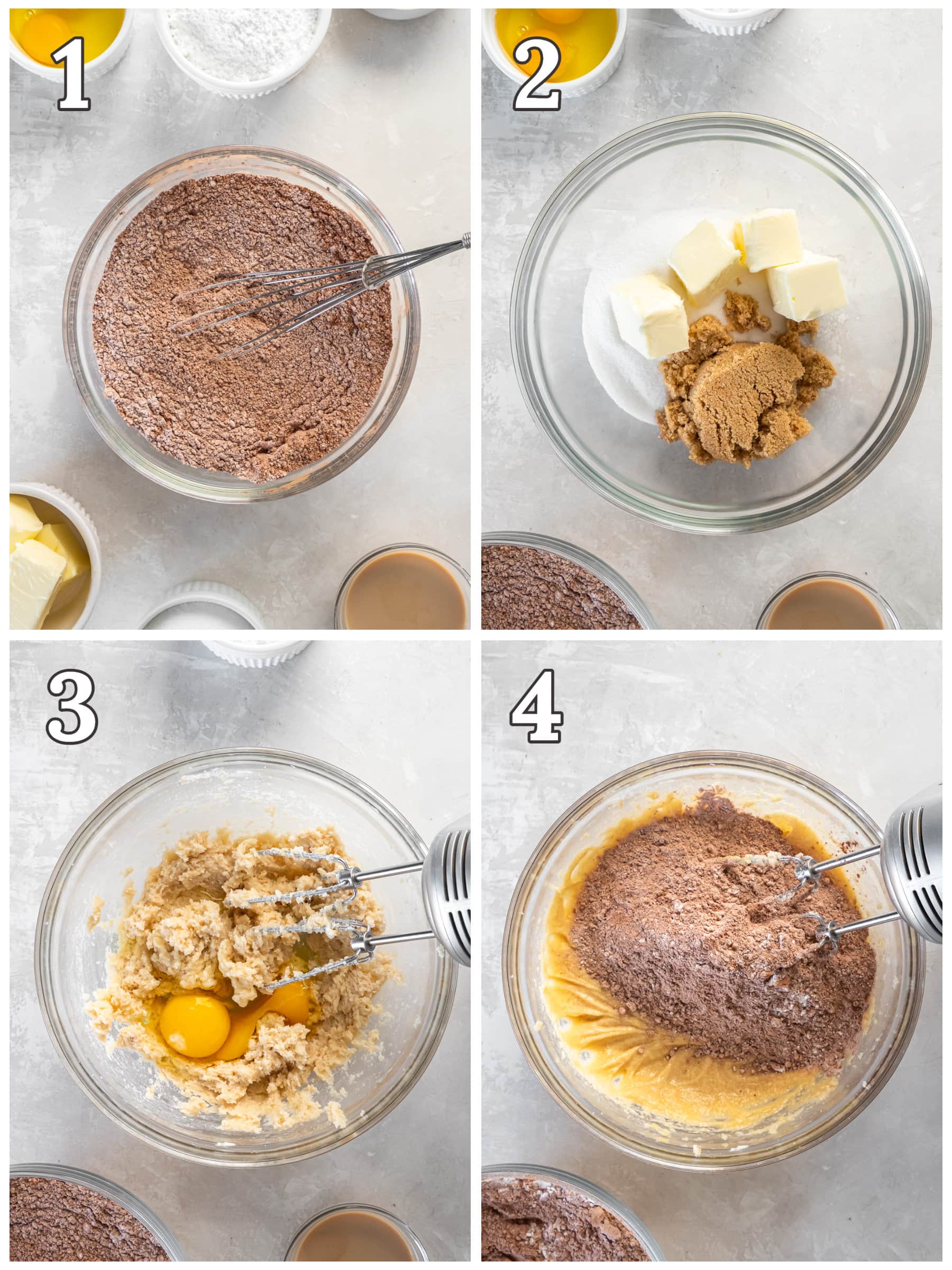 photo collage demonstrating how to make baileys irish cream cookies in a mixing bowl with a hand mixer.