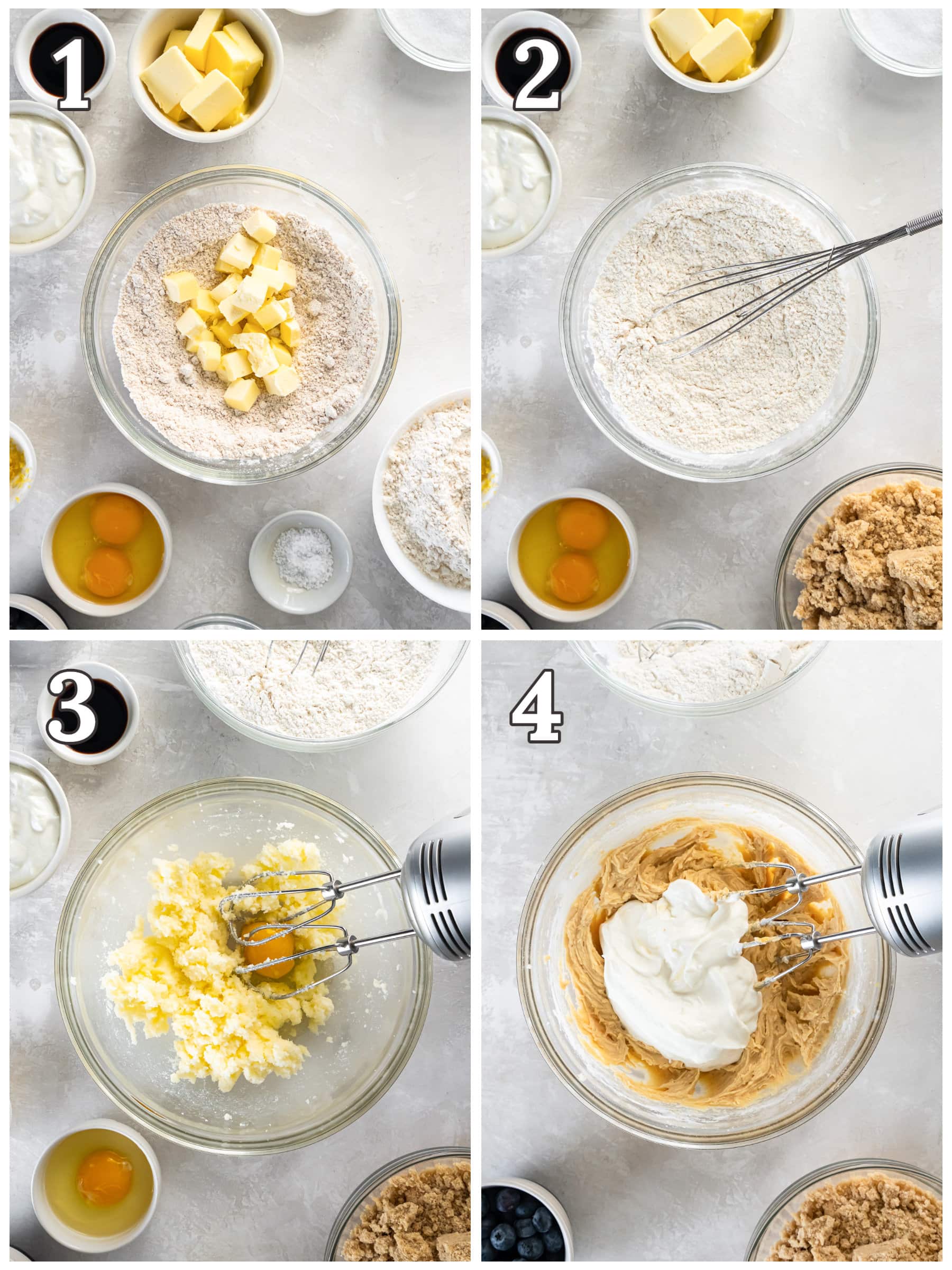 photo collage demonstrating how to make blueberry buckle coffee cake in a mixing bowl.