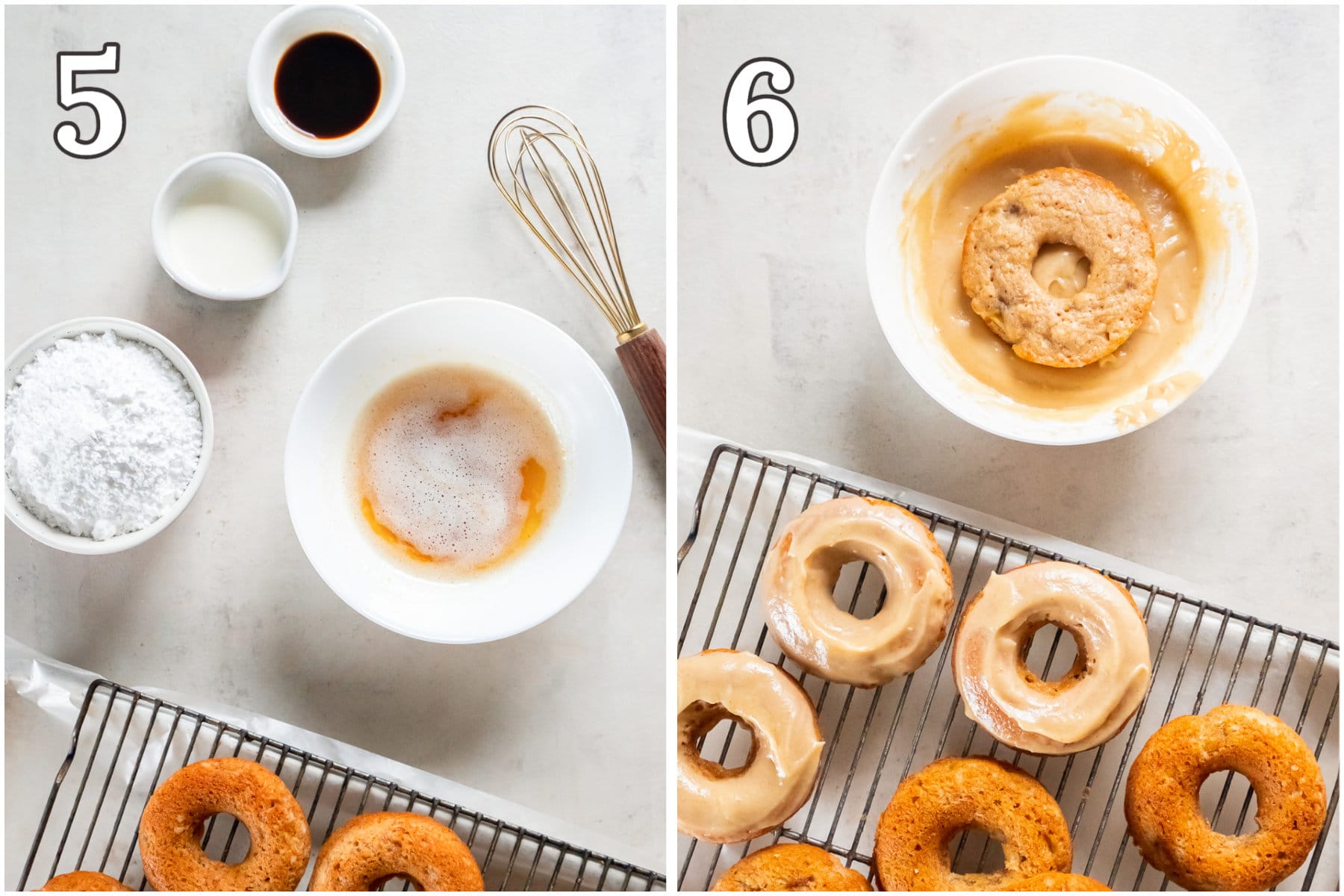 photo collage demonstrating how to make brown butter glaze for banana donuts.