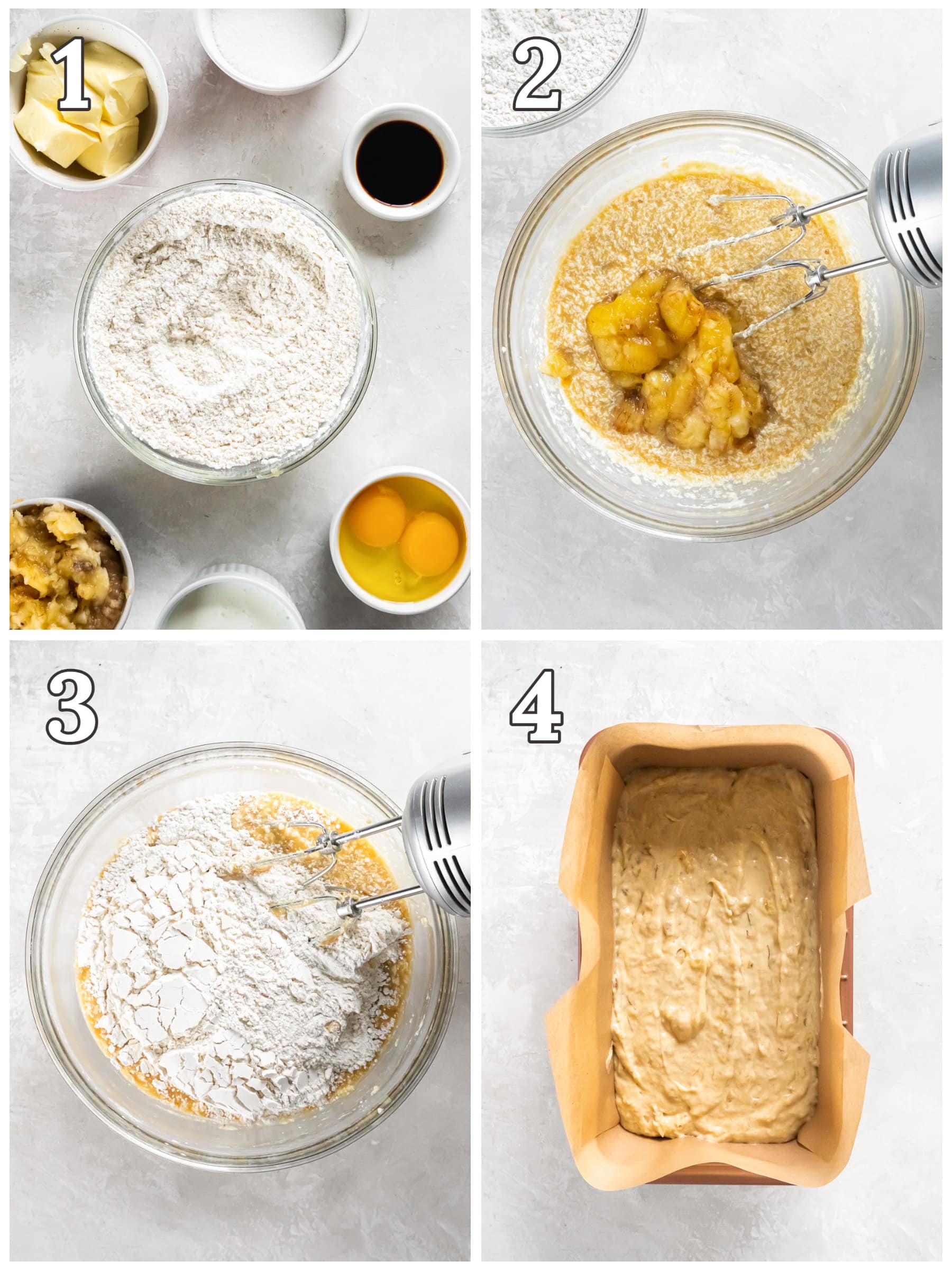 photo collage demonstrating how to make buttermilk banana bread in a mixing bowl and loaf pan.
