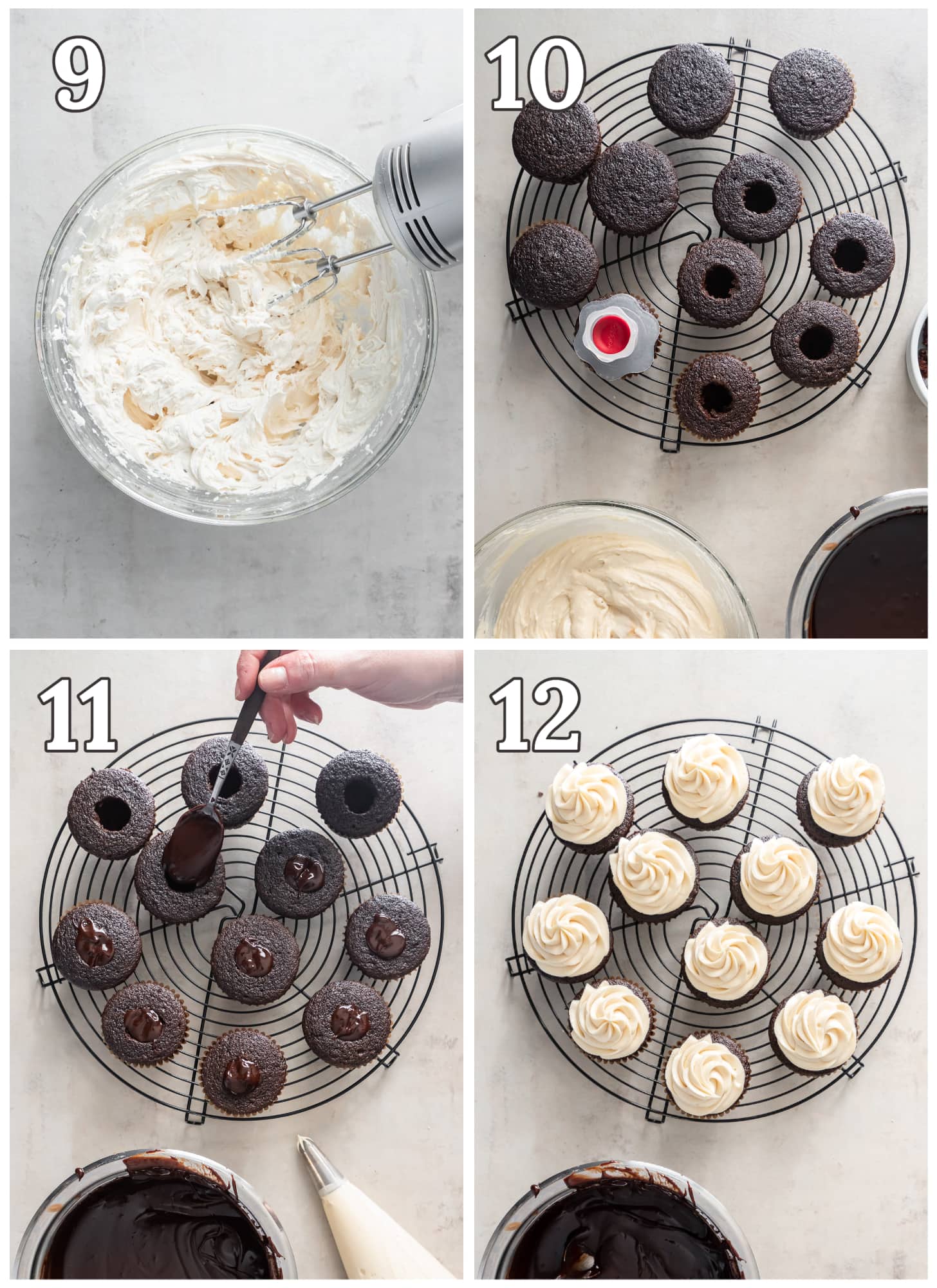 photo collage demonstrating how to make baileys frosting and assemble guinness cupcakes with whiskey ganache.