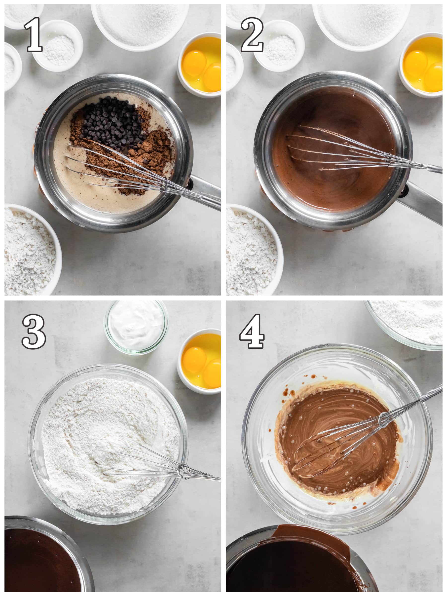 photo collage demonstrating how to make guinness cupcakes in a mixing bowl.