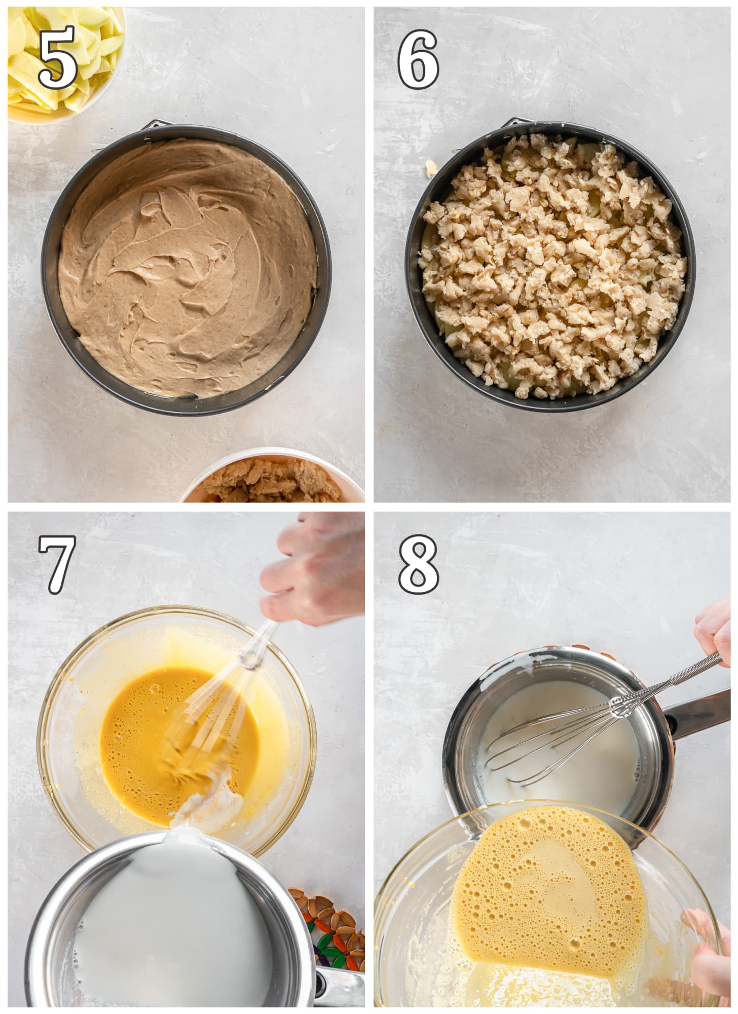 photo collage demonstrating how to layer apple cake with streusel and make custard sauce in saucepan.