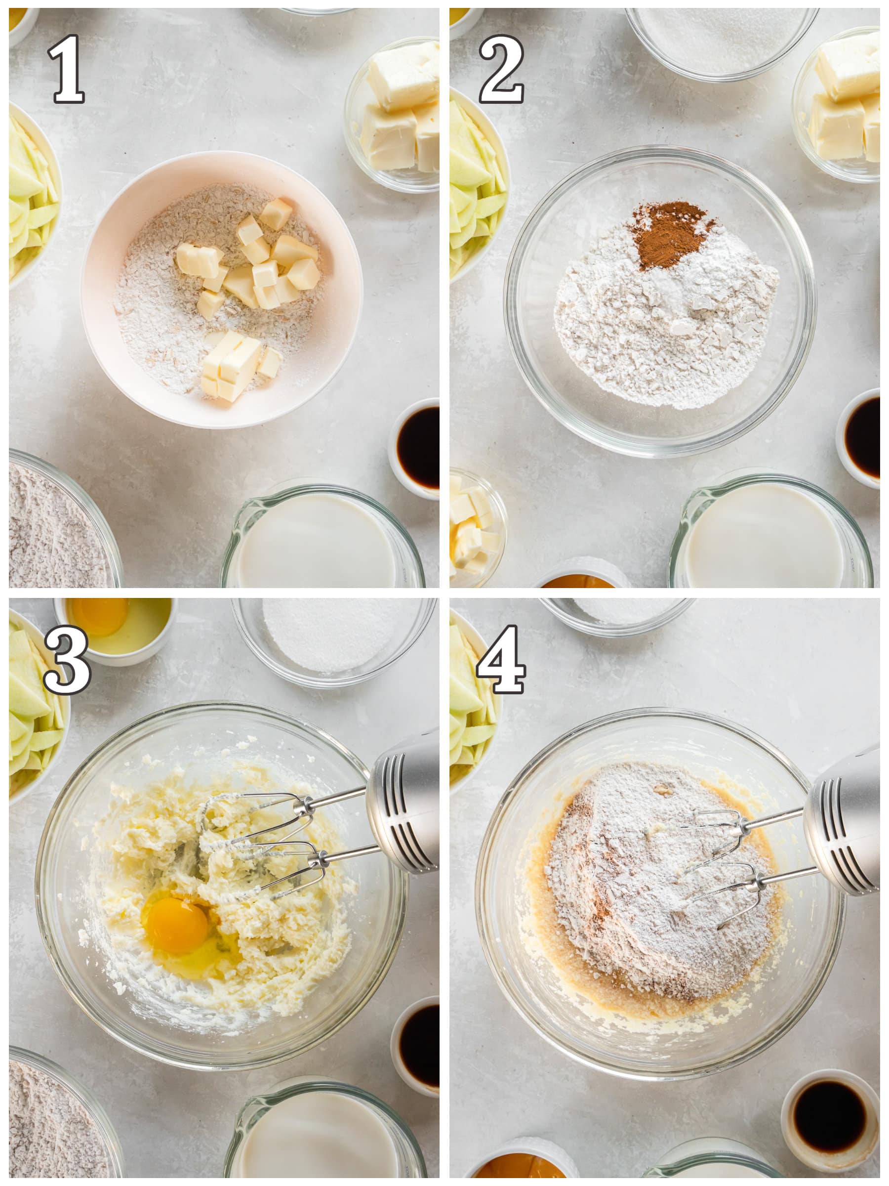 photo collage demonstrating how to make Irish apple cake in a mixing bowl.