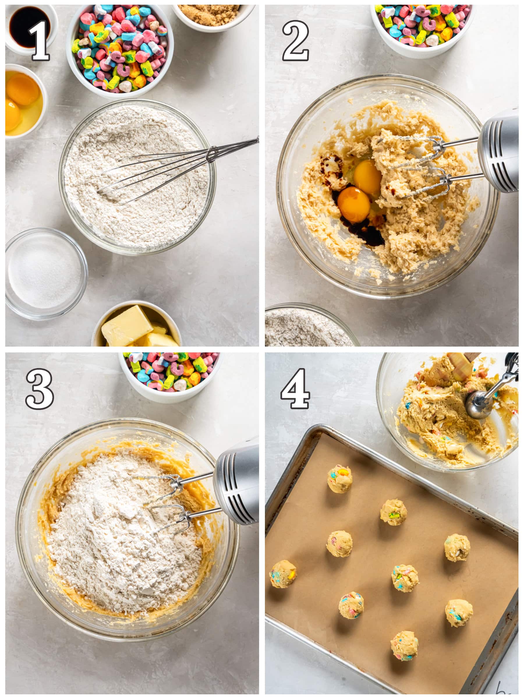 photo collage demonstrating how to make lucky charms cookies in a mixing bowl with a hand mixer.
