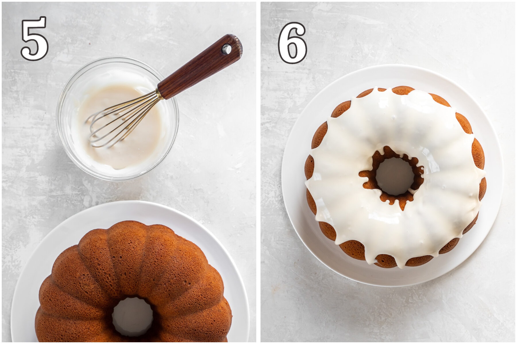photo collage demonstrating how to make vanilla glaze for bundt cake.