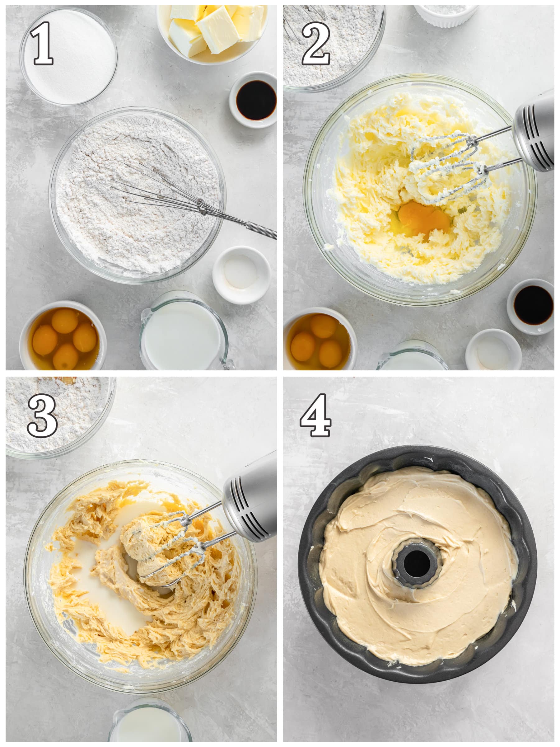 photo collage demonstrating how to make vanilla bundt cake in a mixing bowl.