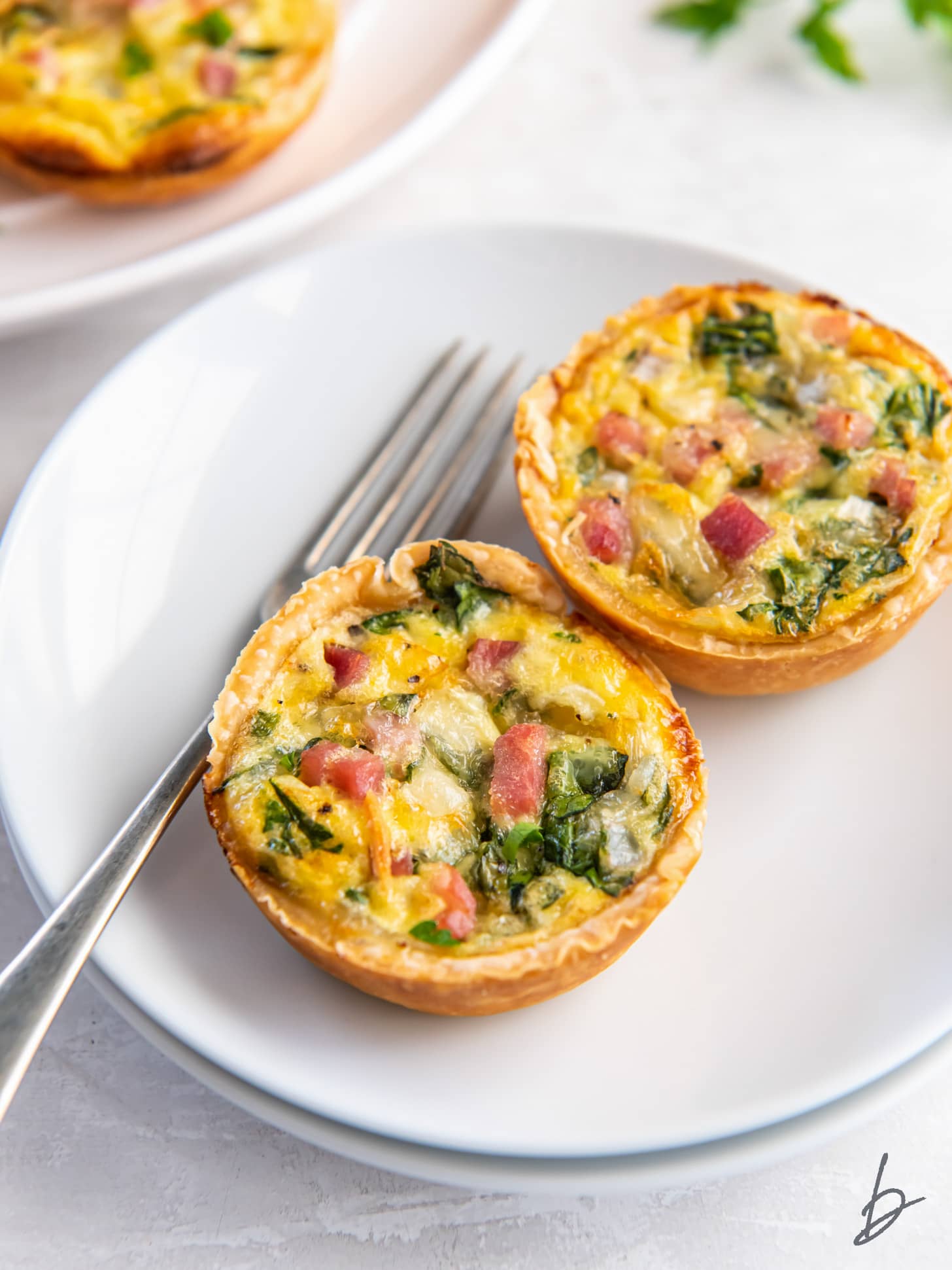 two muffin tin quiches on a white plate with a fork.