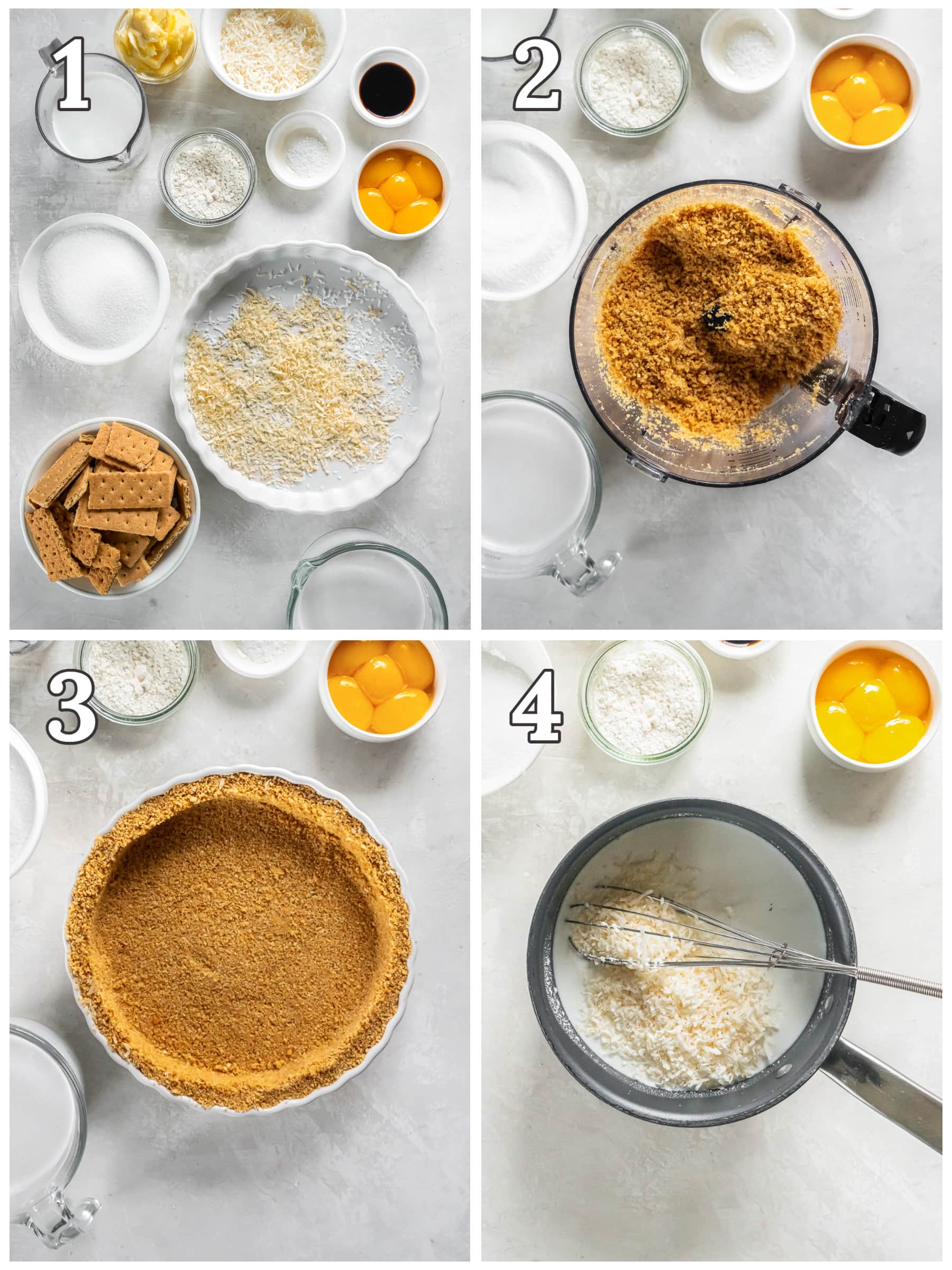 photo collage demonstrating how to make graham cracker crust for coconut cream pie.