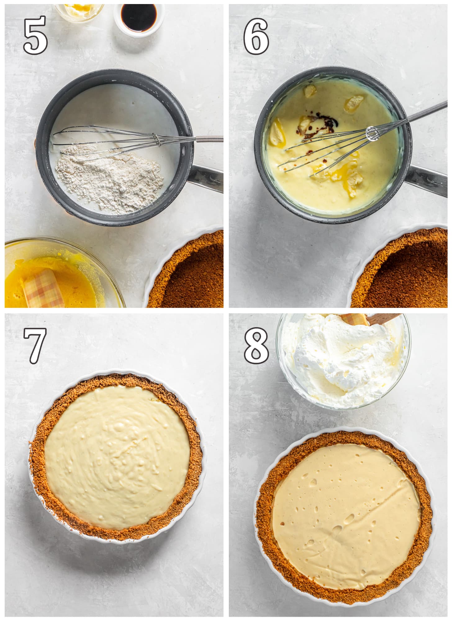 photo collage demonstrating how to make coconut cream pie filling with coconut milk in a saucepan.