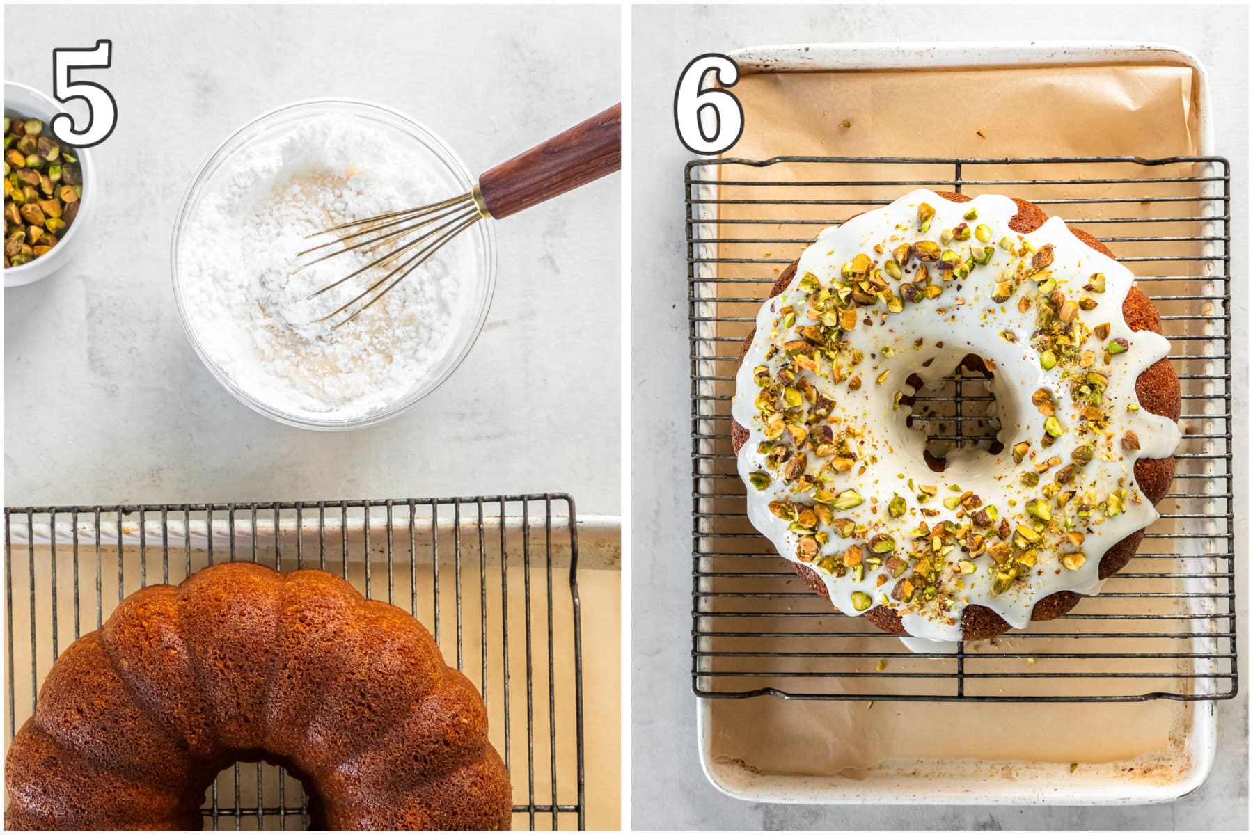 photo collage demonstrating how to make a simple glaze for bundt cake with pistachios.