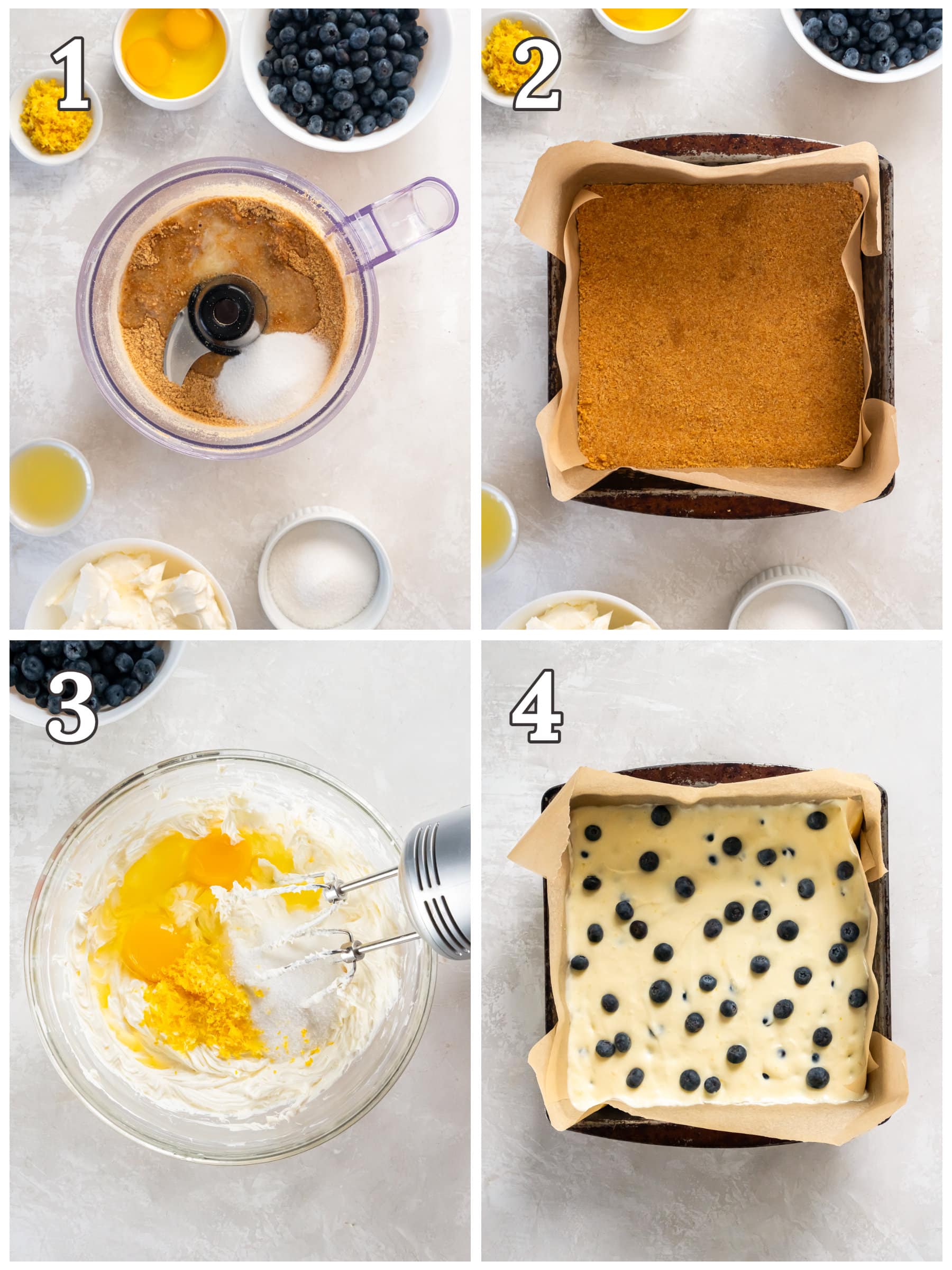 photo collage demonstrating how to make lemon blueberry cheesecake bars.