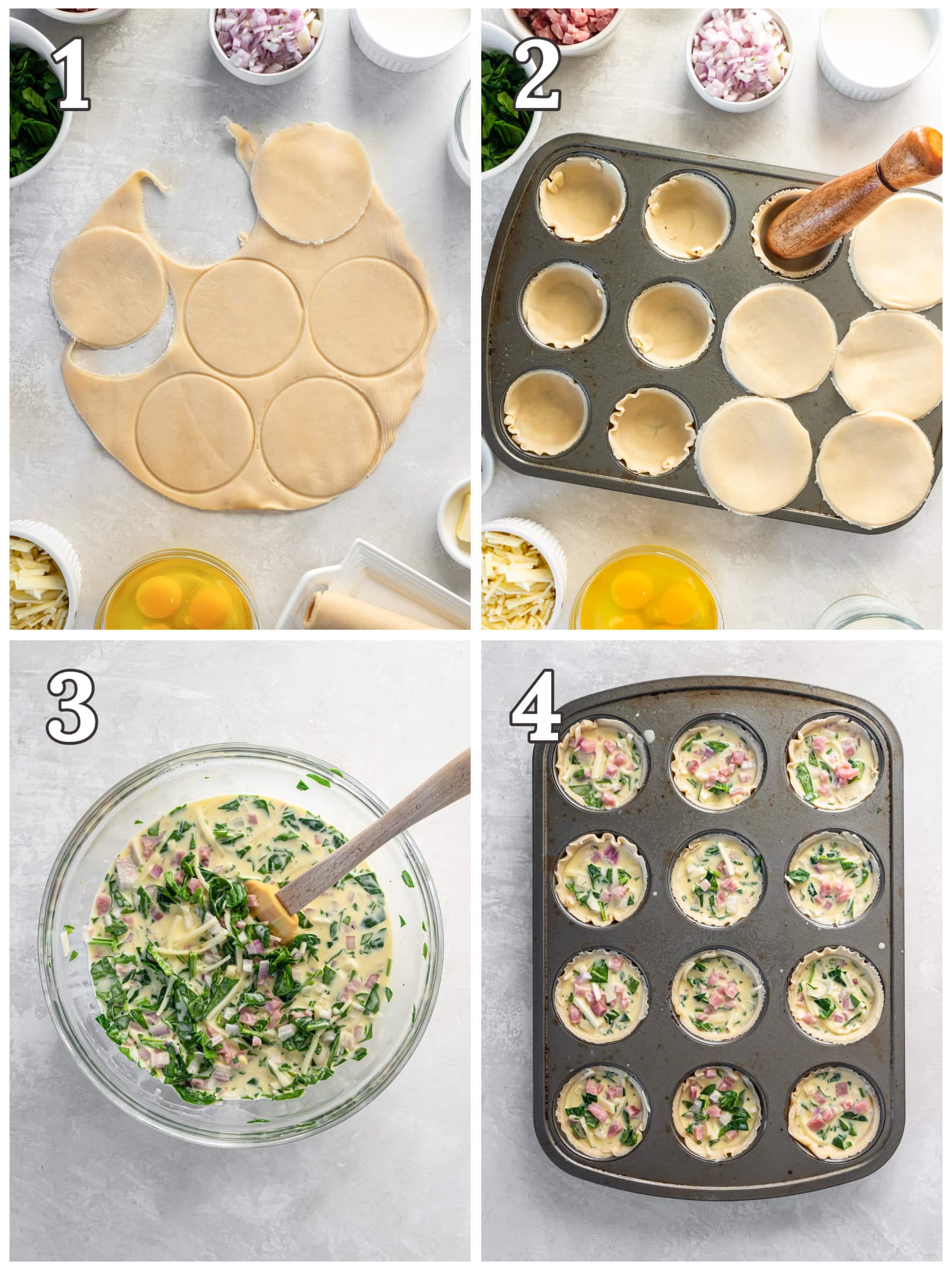 photo collage demonstrating how to make mini quiches in a muffin tin.