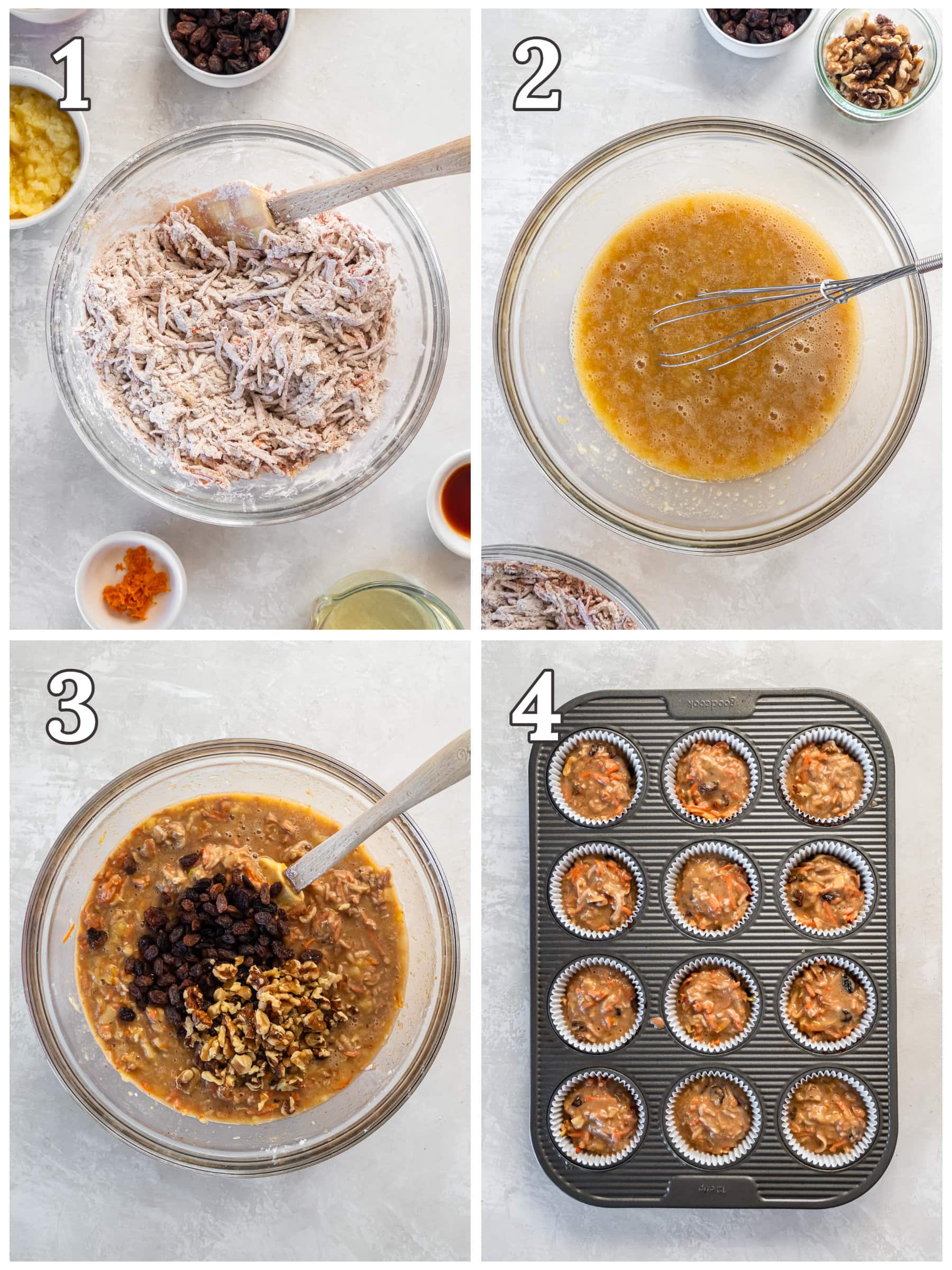 photo collage demonstrating how to make morning glory muffins in a mixing bowl.