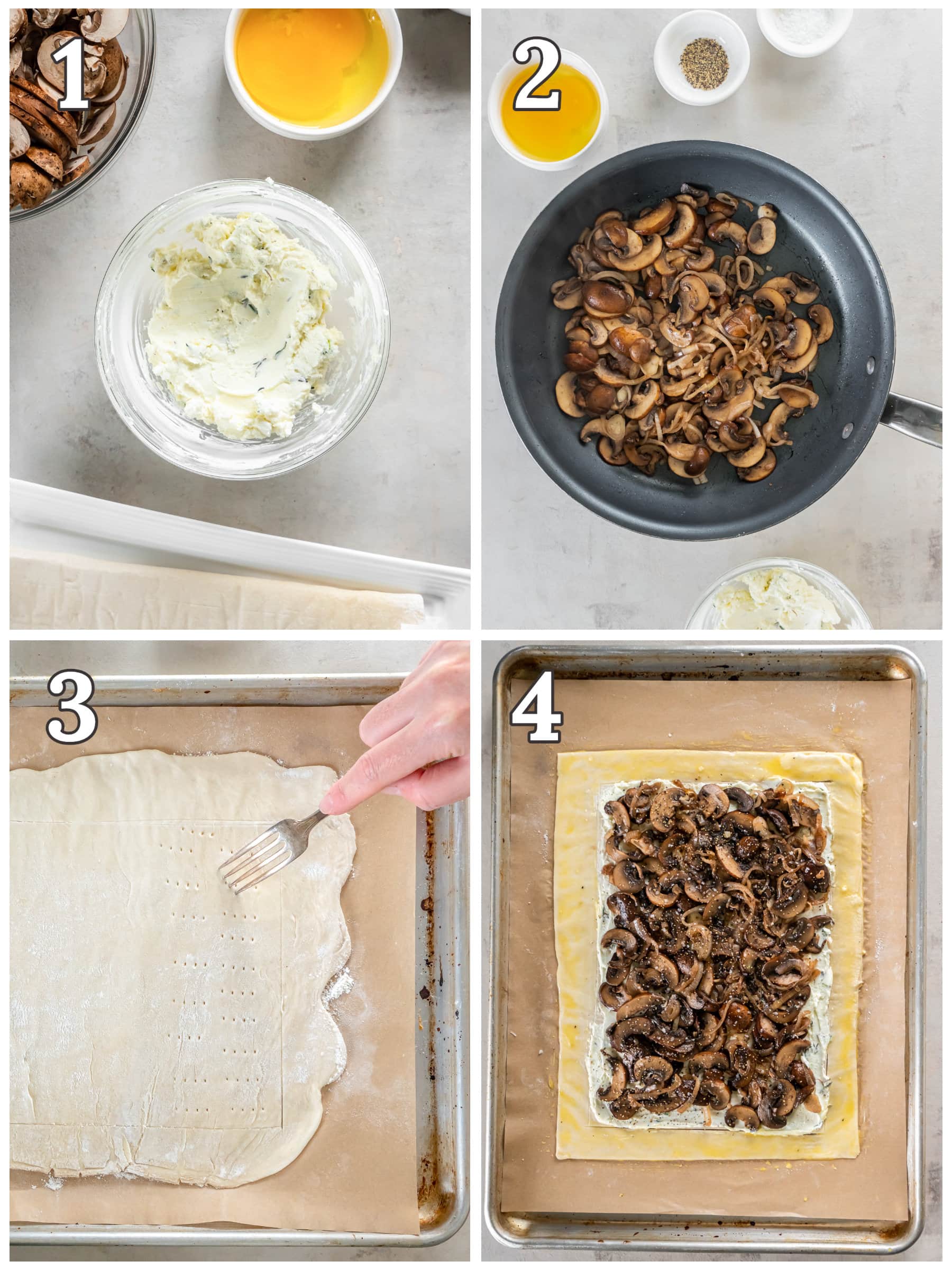 photo collage demonstrating how to make a mushroom tart with goat cheese.