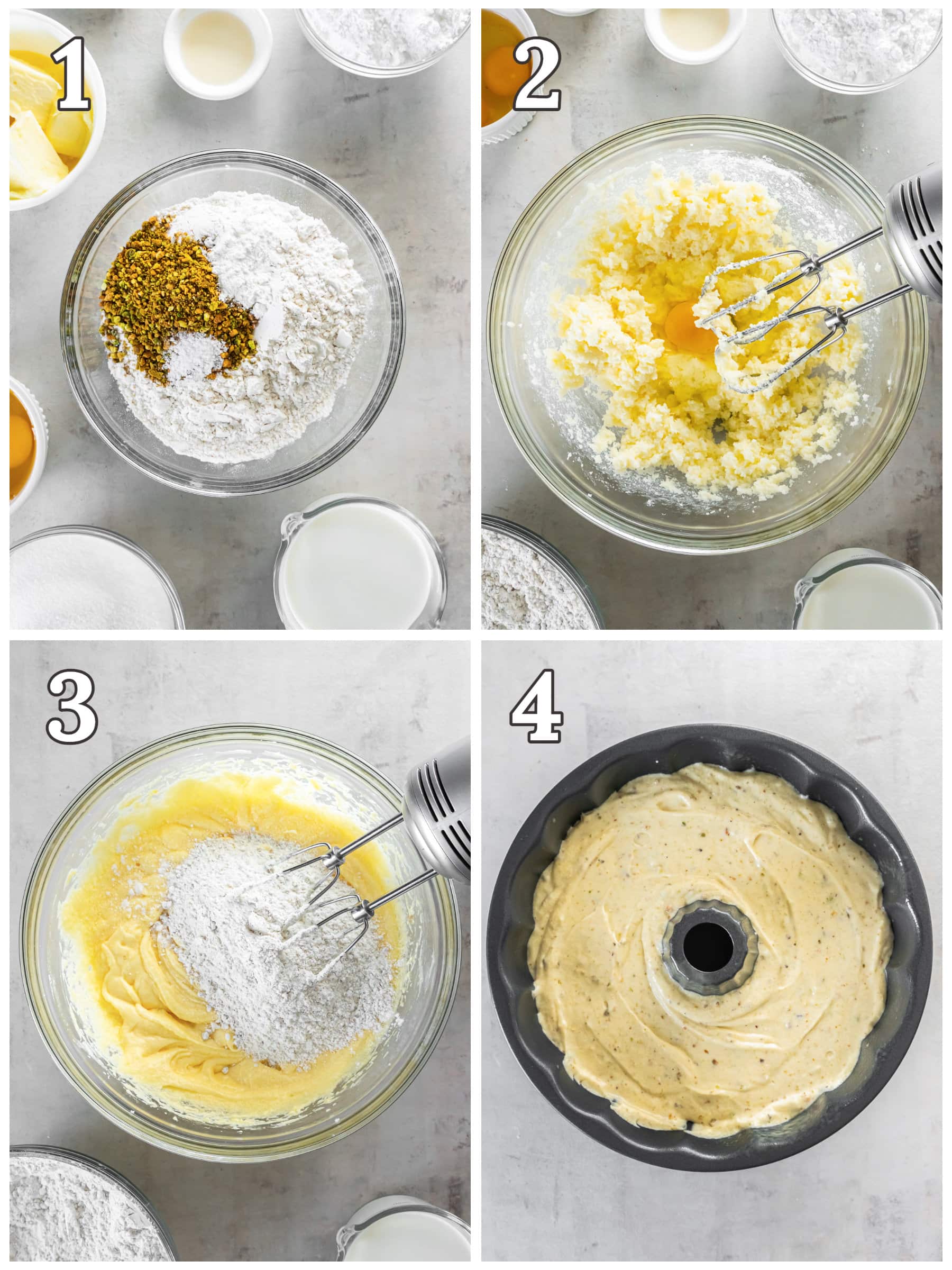 photo collage demonstrating how to make pistachio bundt cake in a mixing bowl.