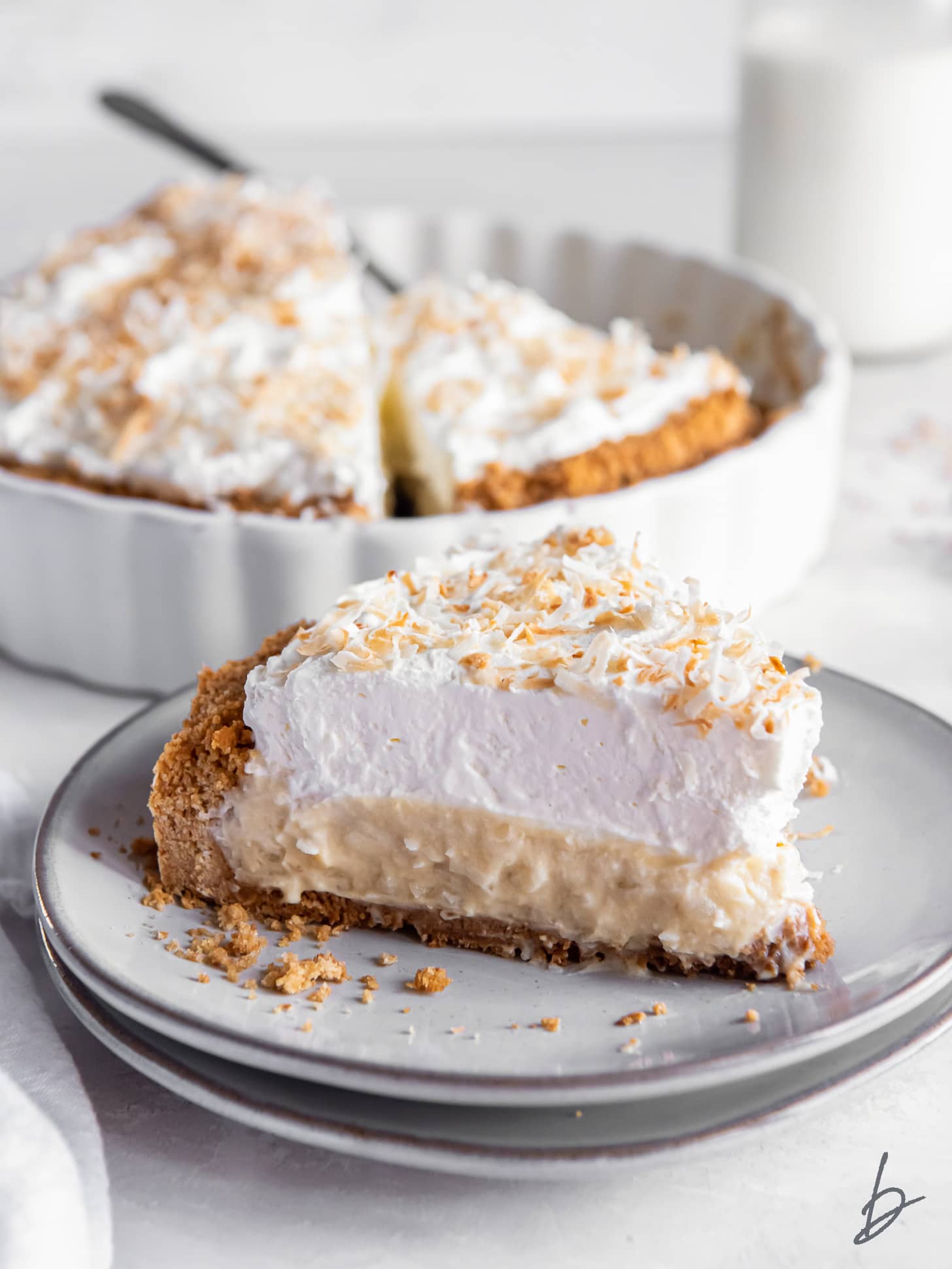 plate with slice of coconut cream pie with graham cracker crust and whipped cream topping.