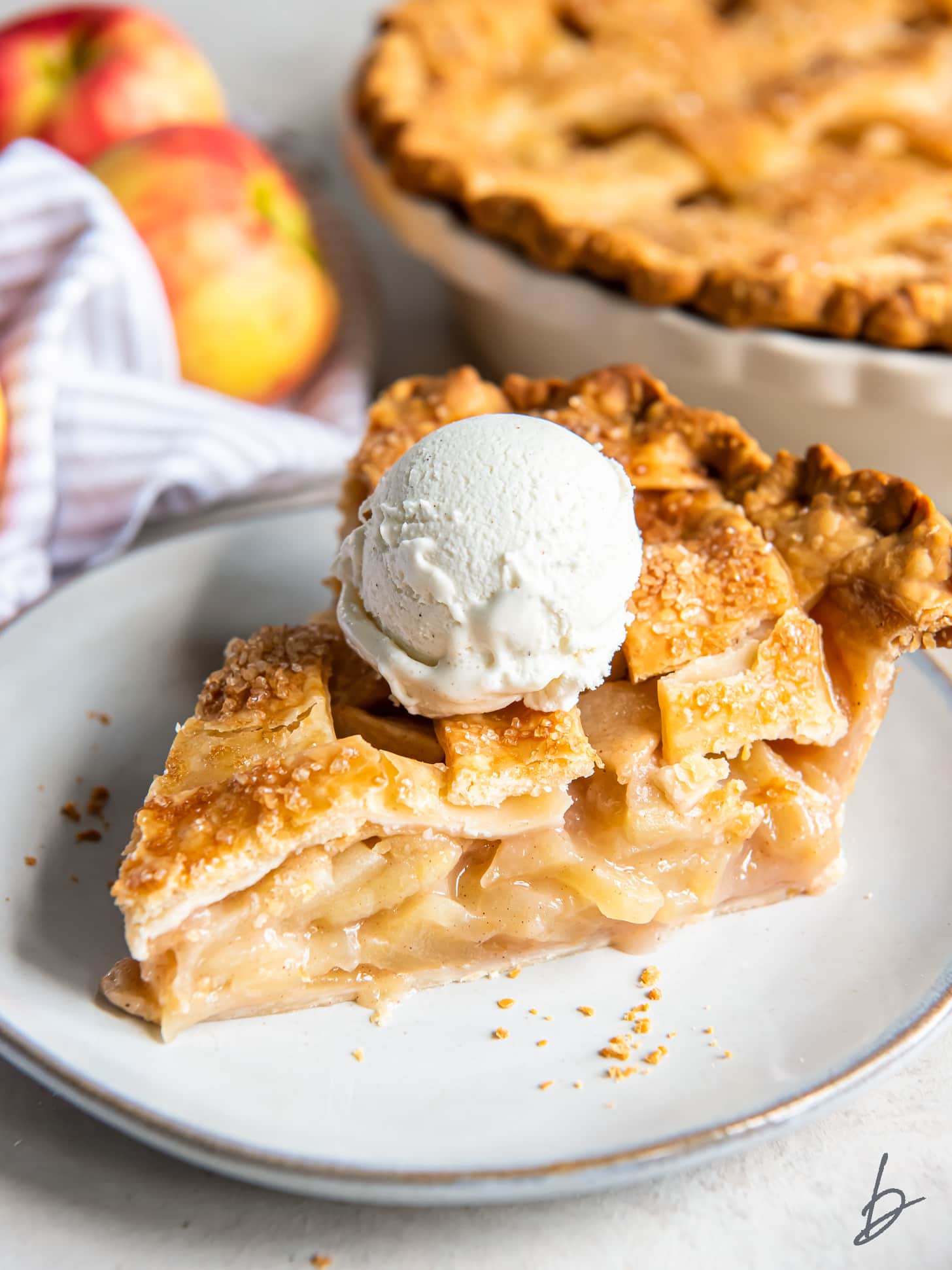 plate with slice of apple pie with a scoop of vanilla ice cream.