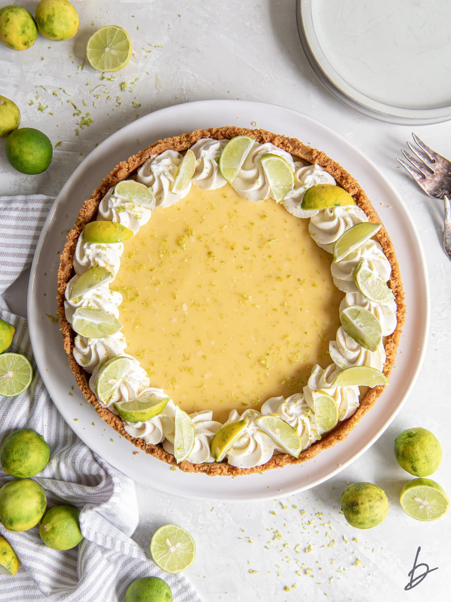 key lime pie whipped cream and lime wedges as garnish.