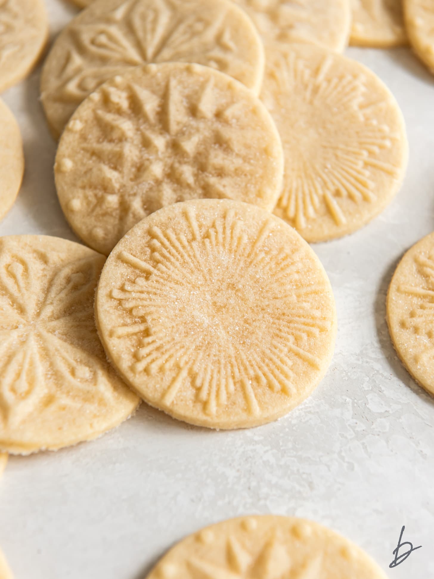 stamped shortbread cookie with starry design imprinted on it and leaning on more stamp cookies.