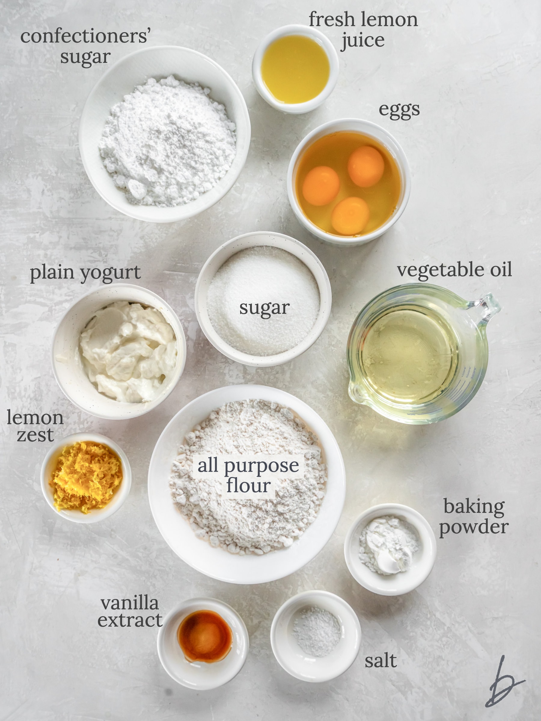 individual bowls of ingredients to make french yogurt cake.
