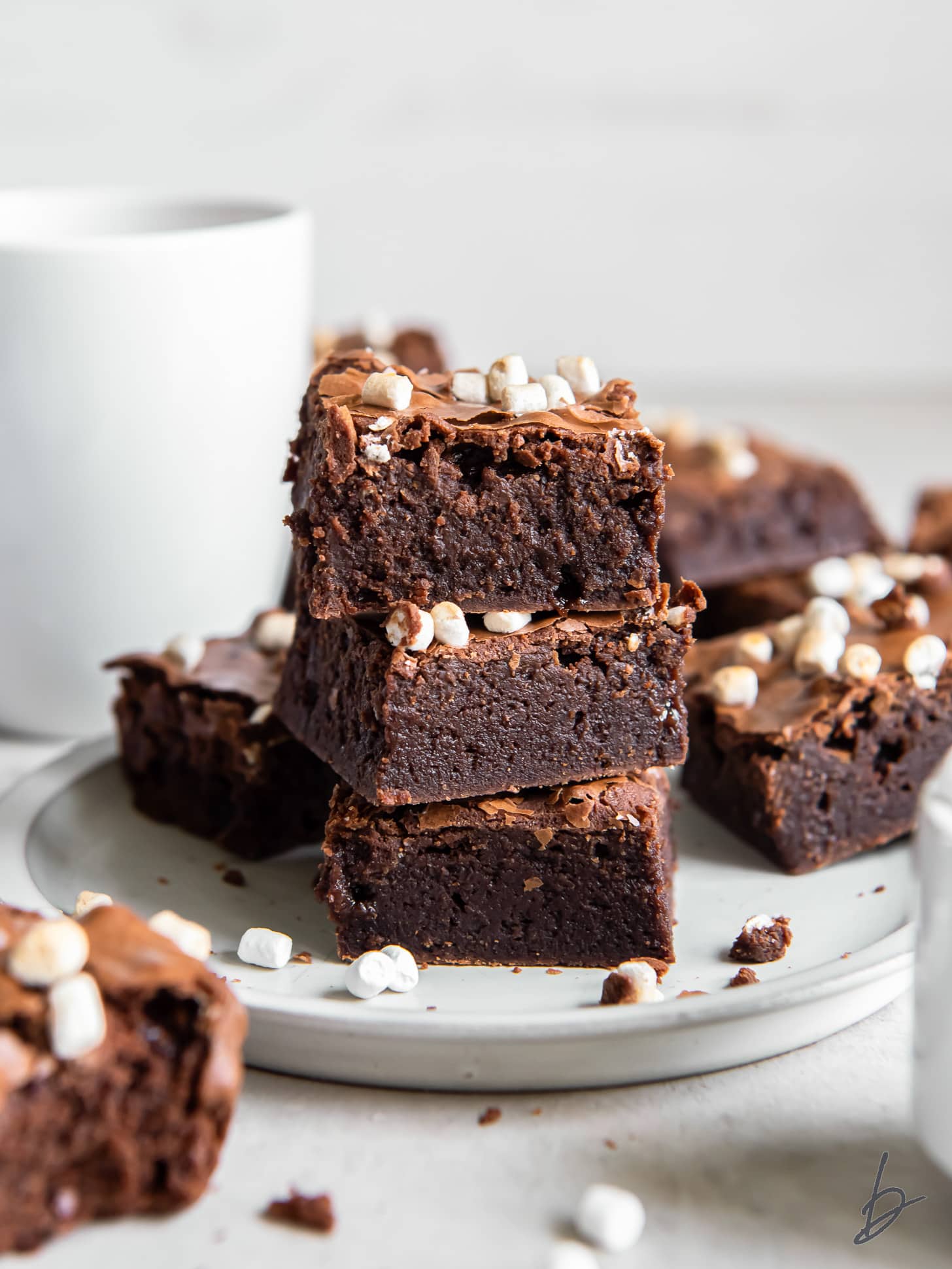 stack of three fudgy hot chocolate brownies on a plate in front of a mug of hot cocoa.