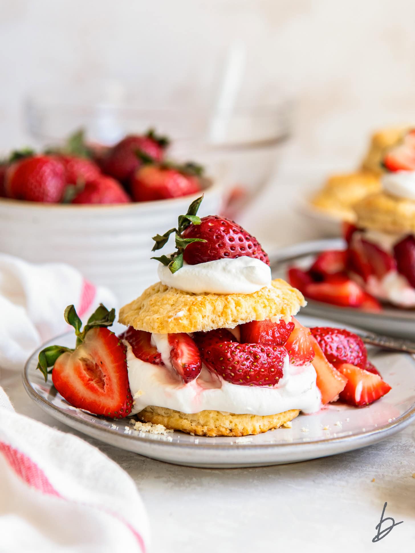 plate with strawberry shortcake showing layers of biscuit, whipped cream and berries.