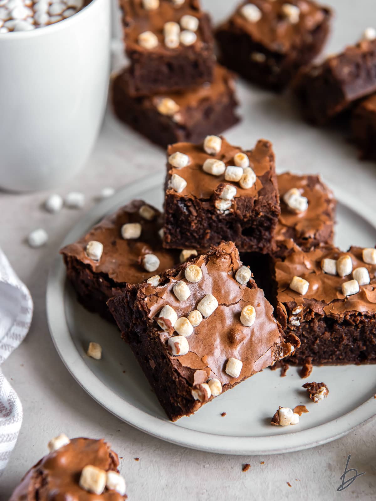 plate with pile of hot chocolate brownies with mini marshmallow bits and dusting of cocoa powder.