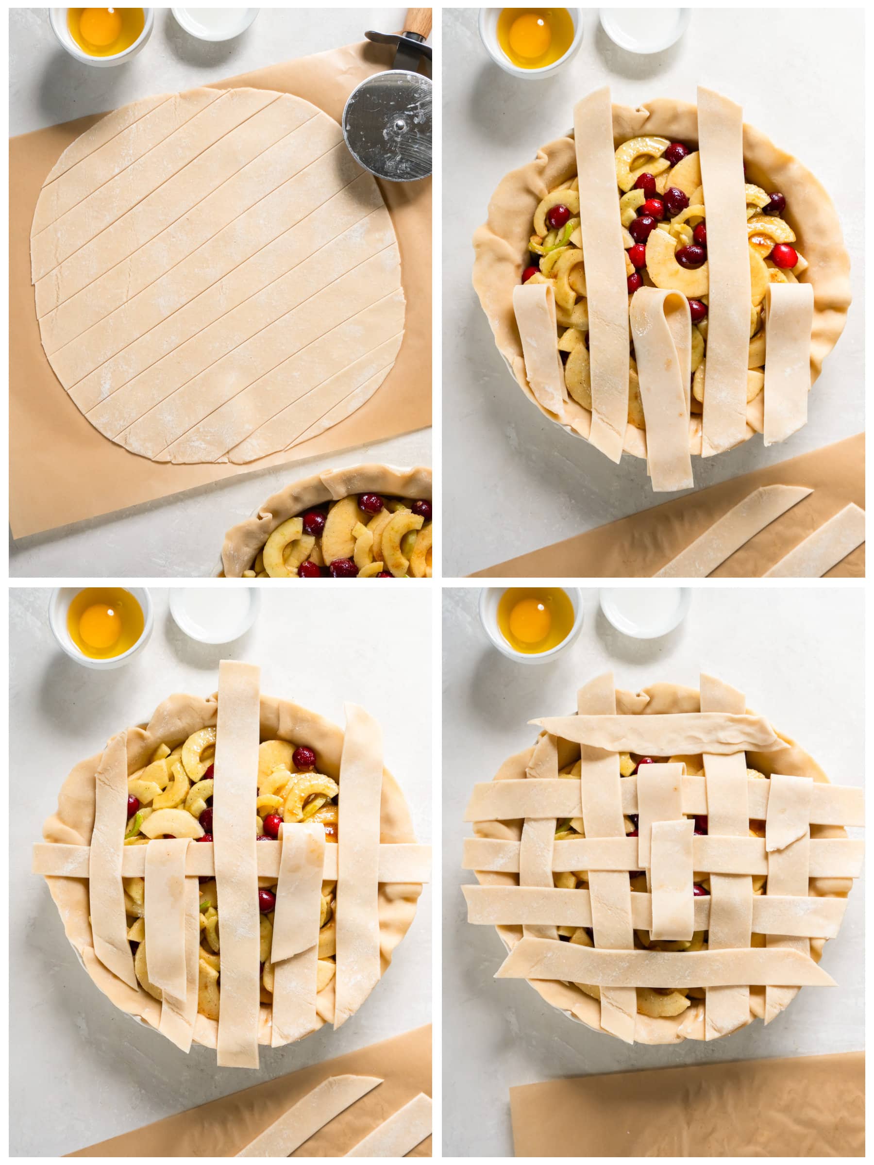 photo collage demonstrating how to make a lattice pie top.