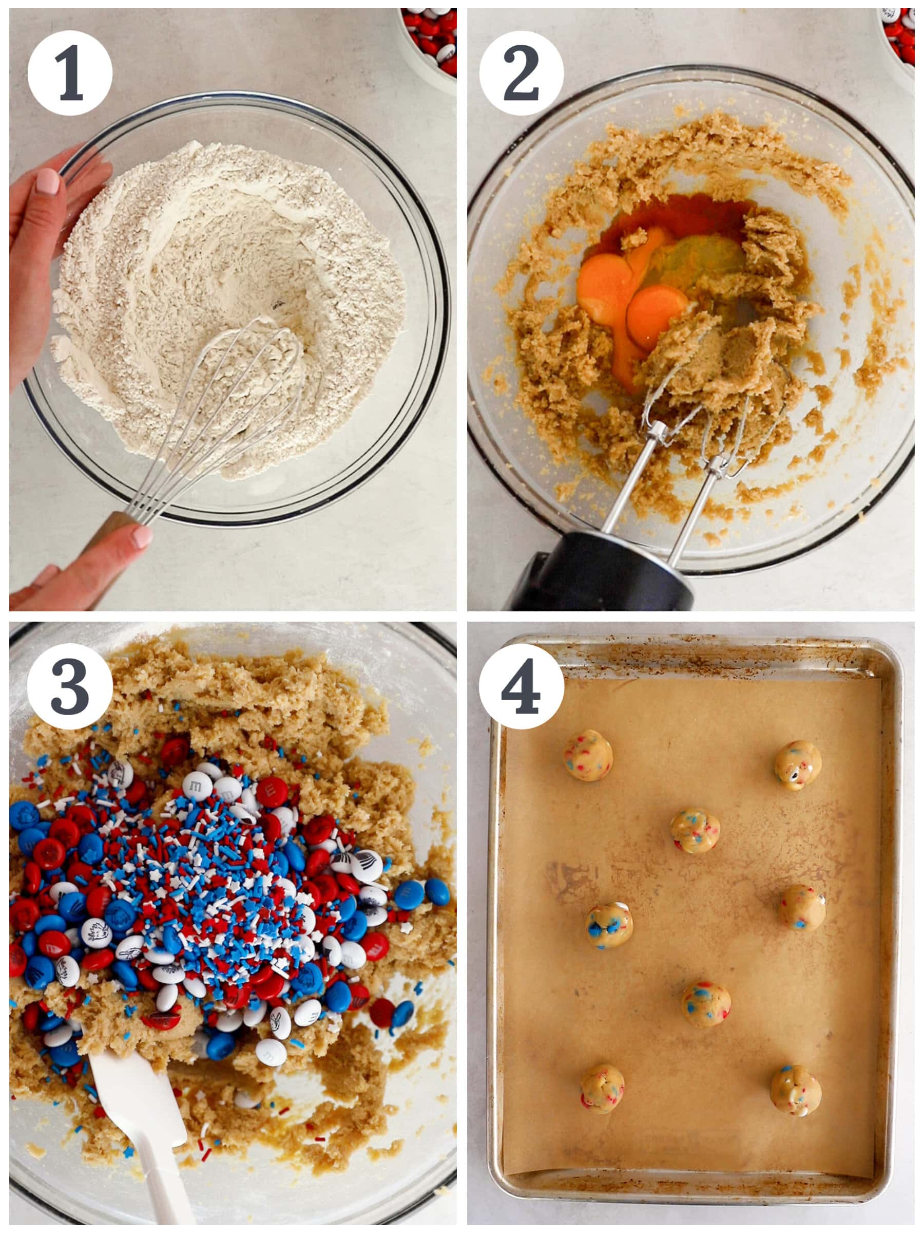 photo collage demonstrating how to make 4th of july cookies in a mixing bowl with a hand mixer.