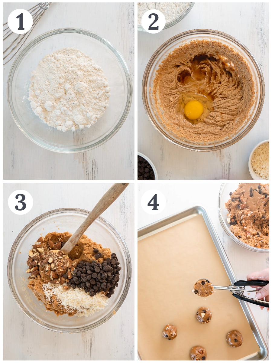 photo collage demonstrating how to make almond butter chocolate chip cookies in a mixing bowl.
