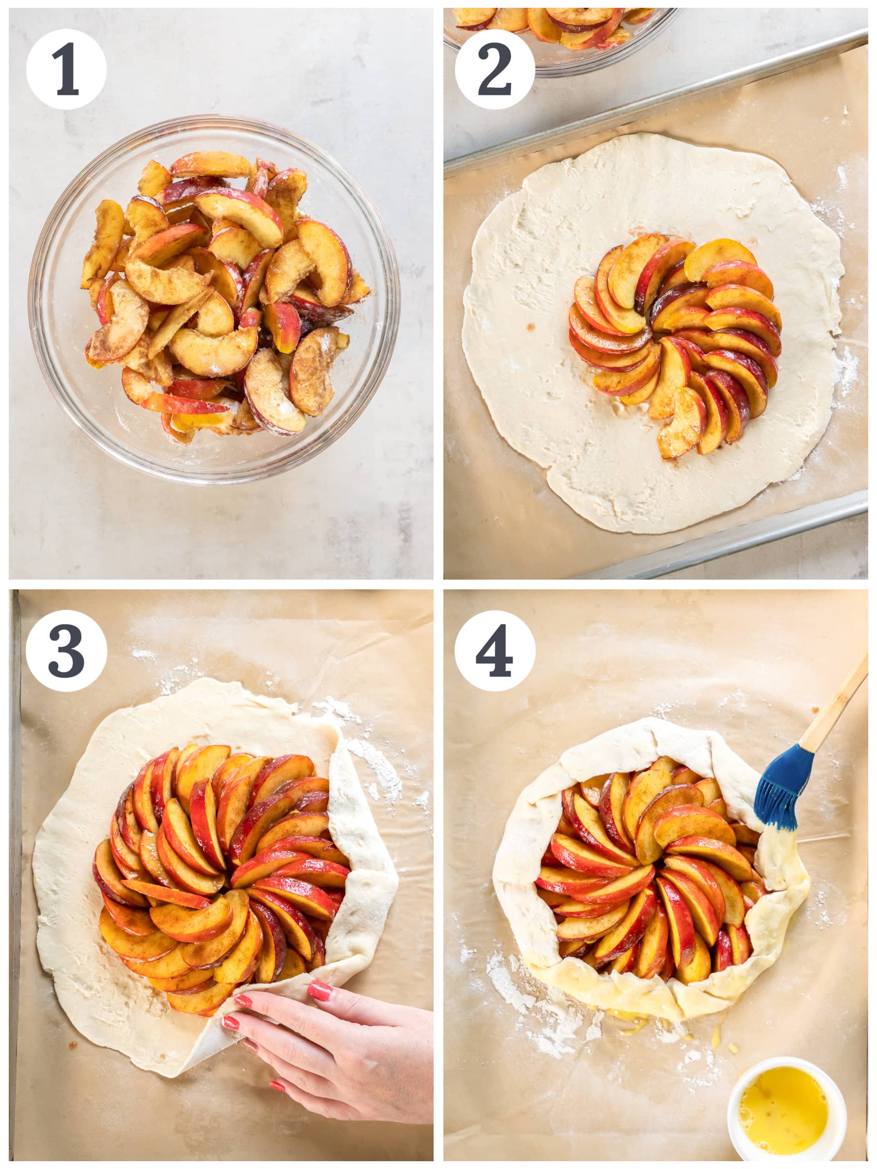 photo collage demonstrating how to make and assemble a peach galette.
