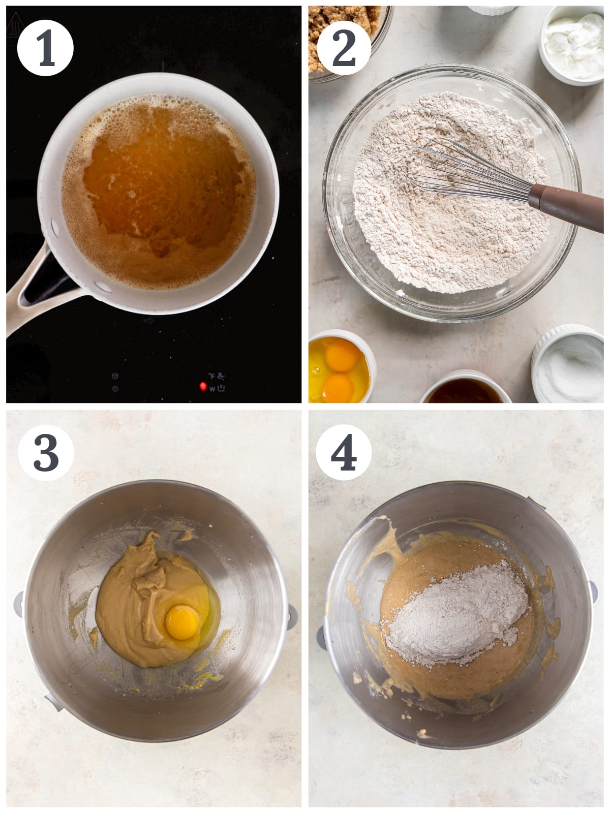 photo collage demonstrating how to make batter for apple cider bread