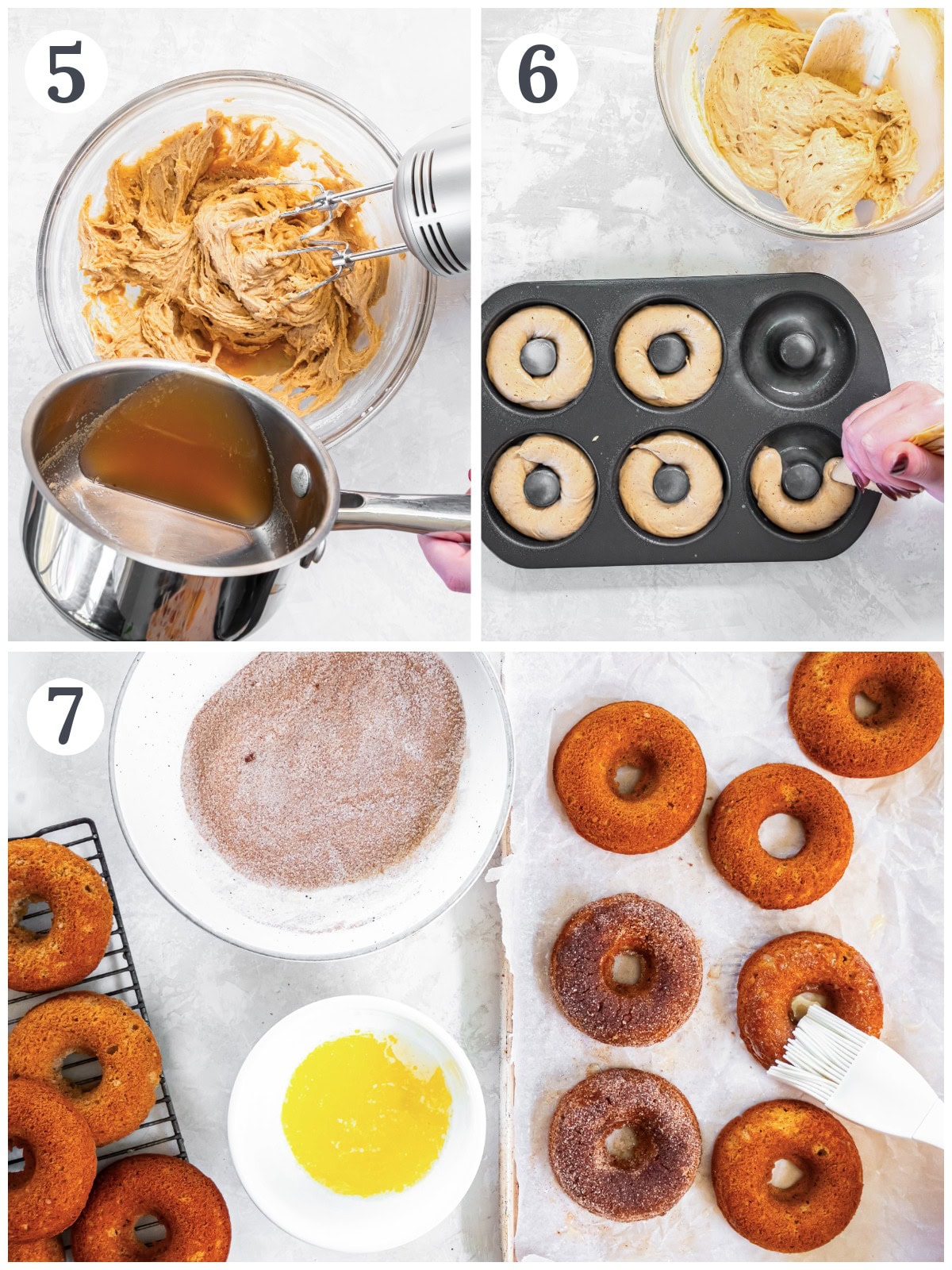 photo collage demonstrating how to pipe apple cider donut batter into a donut tin and coat baked donuts in cinnamon sugar.
