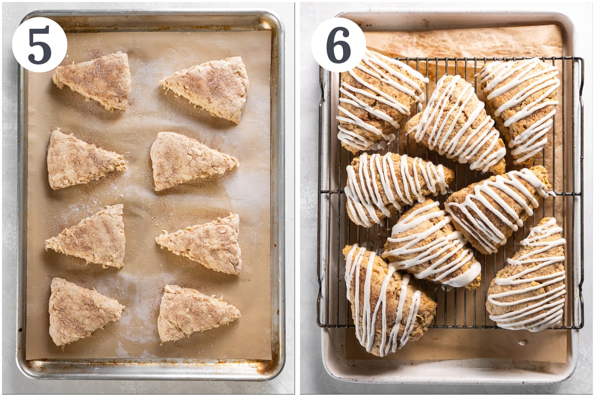 photo collage demonstrating how to top with cinnamon sugar and glaze.