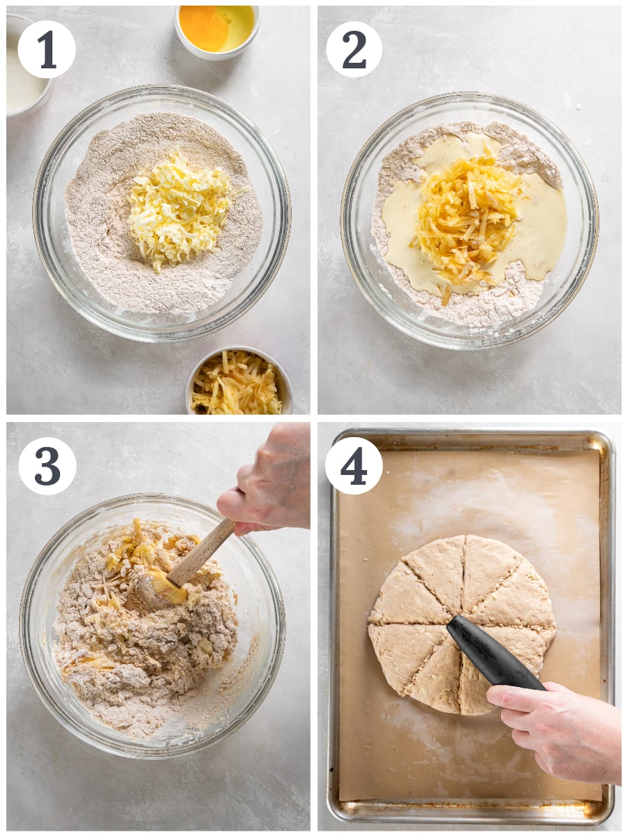 photo collage demonstrating how to make dough for apple scones.