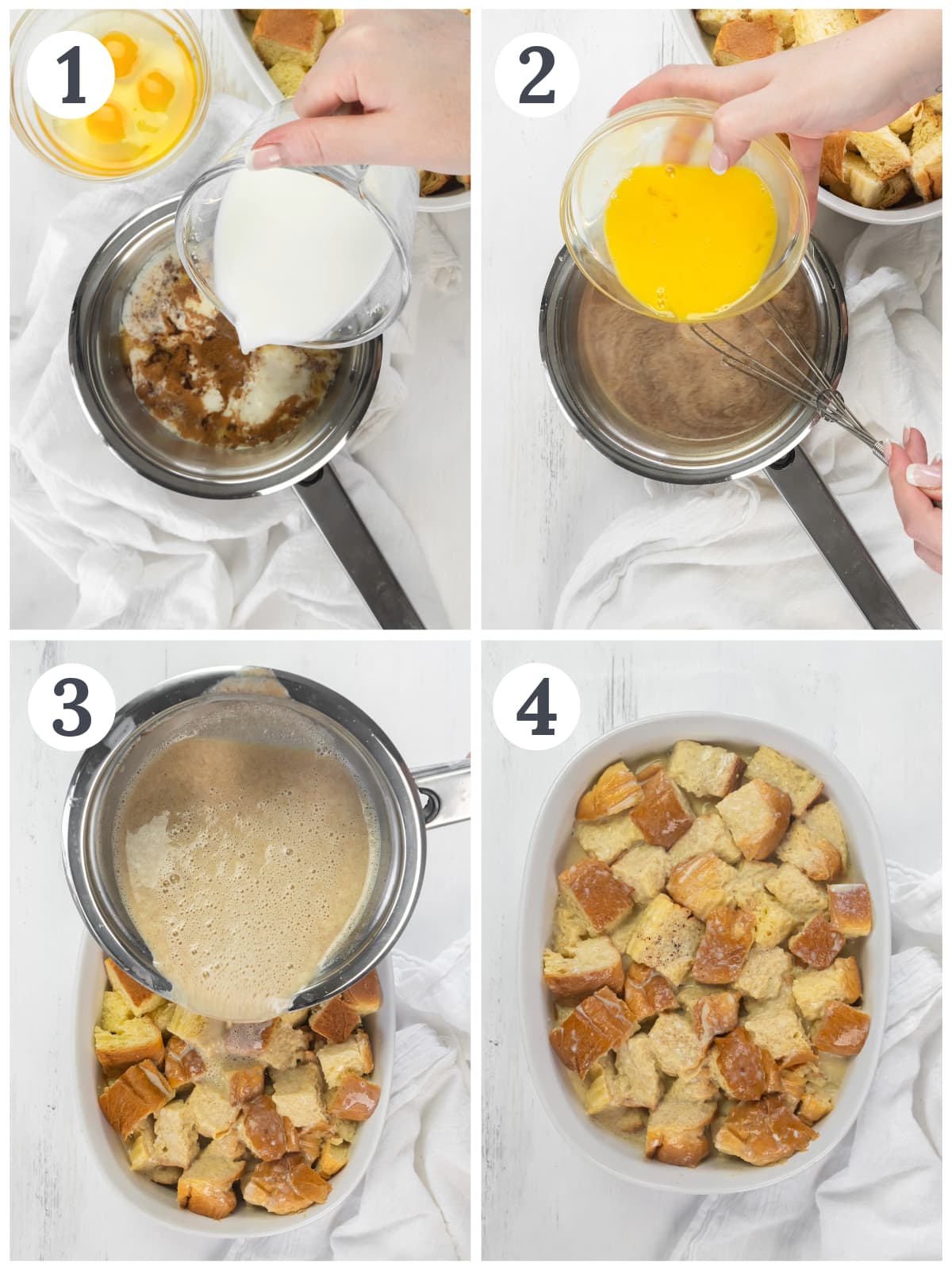 photo collage demonstrating how to make bread pudding in a saucepan and baking dish.