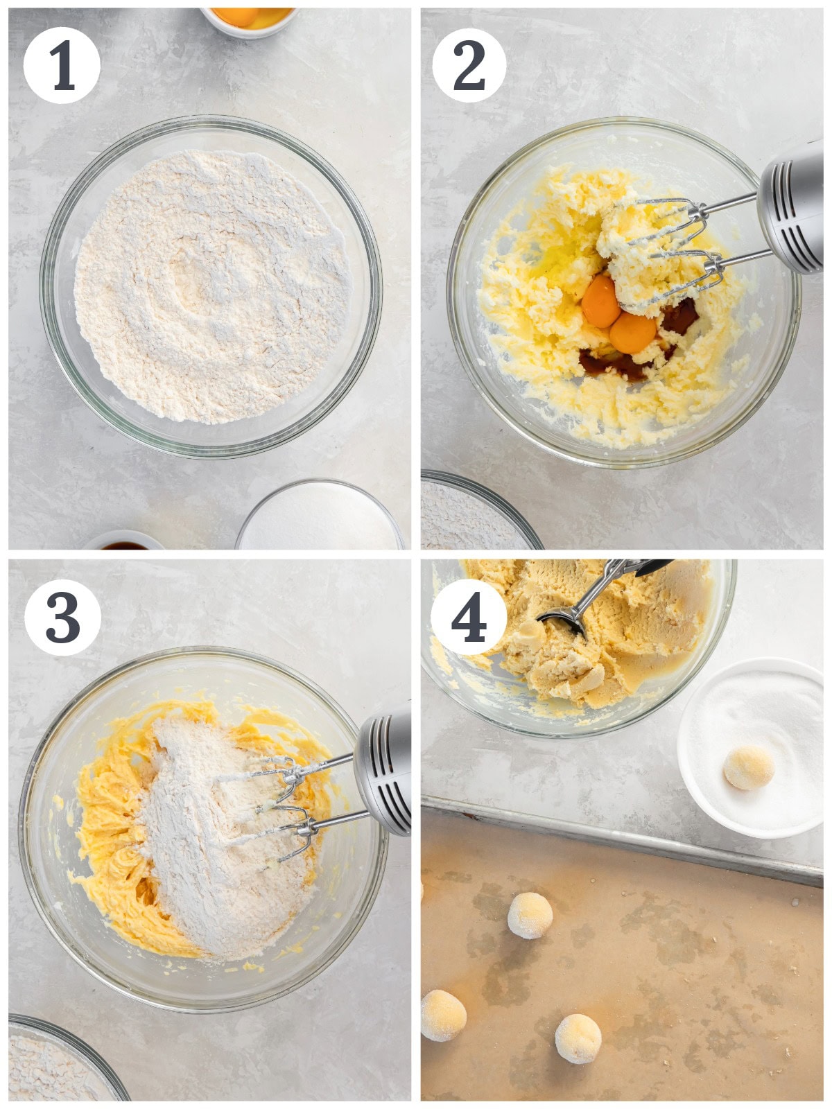 photo collage demonstrating how to make chewy sugar cookies in a mixing bowl.