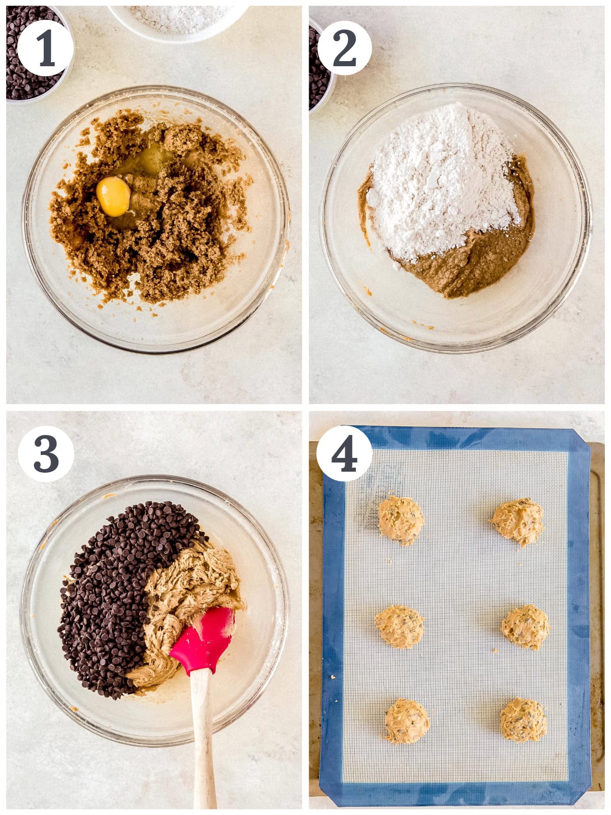 photo collage demonstrating how to make chocolate chip cookie dough in a mixing bowl for ice cream sandwiches.