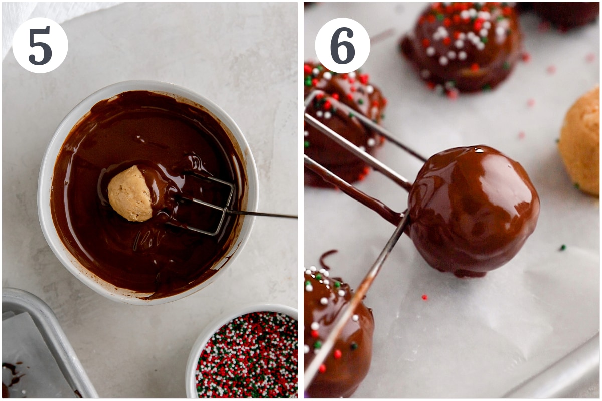 photo collage demonstrating how to dip peanut butter balls in chocolate