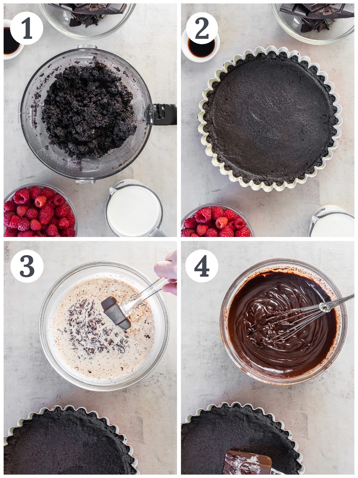 photo collage demonstrating how to make oreo cookie crust and chocolate ganache filling for chocolate raspberry tart.