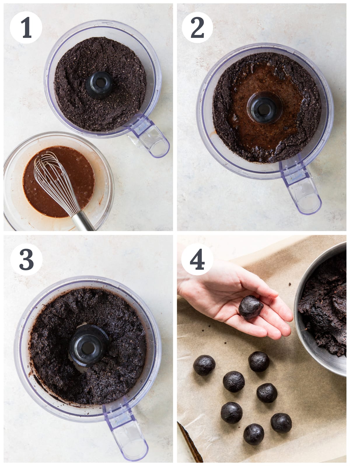 photo collage demonstrating how to make rum balls in a food processor.