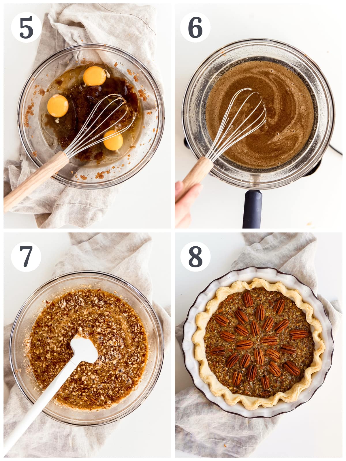 photo collage demonstrating how to make pecan pie filling in a bowl with makeshift double boiler.