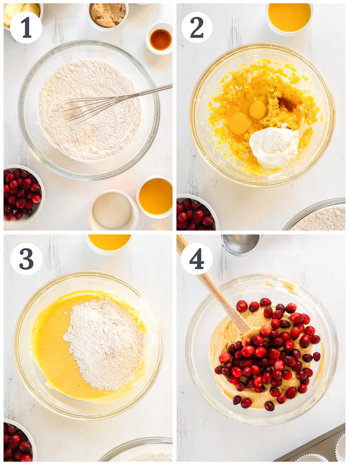 photo collage demonstrating how to make cranberry muffin batter in a glass mixing bowl.