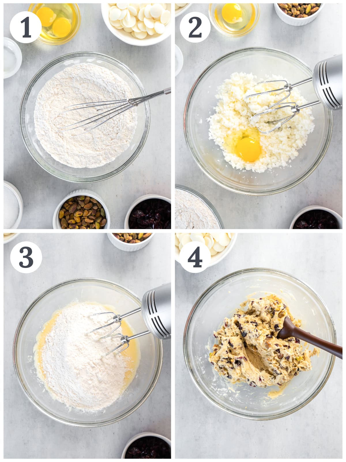 photo collage demonstrating how to make cranberry pistachio biscotti dough in a mixing bowl.