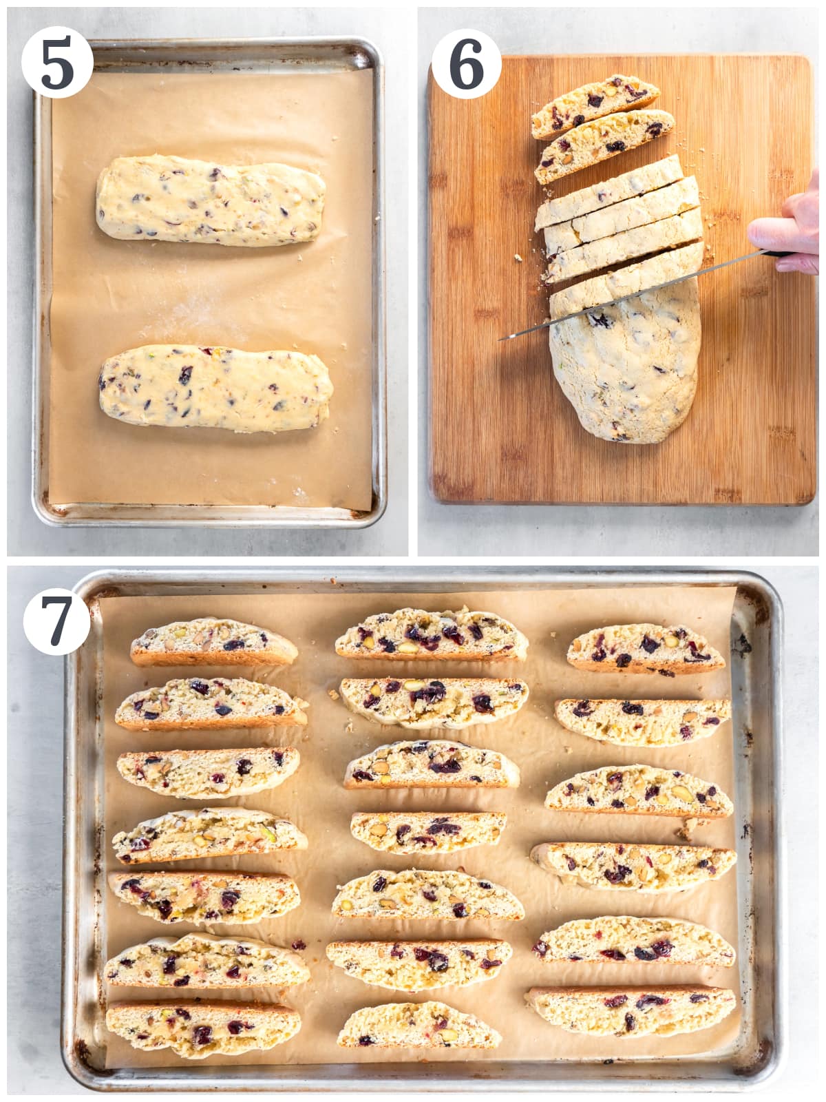 photo collage demonstrating how to shape biscotti dough into logs and cut into pieces after first bake.