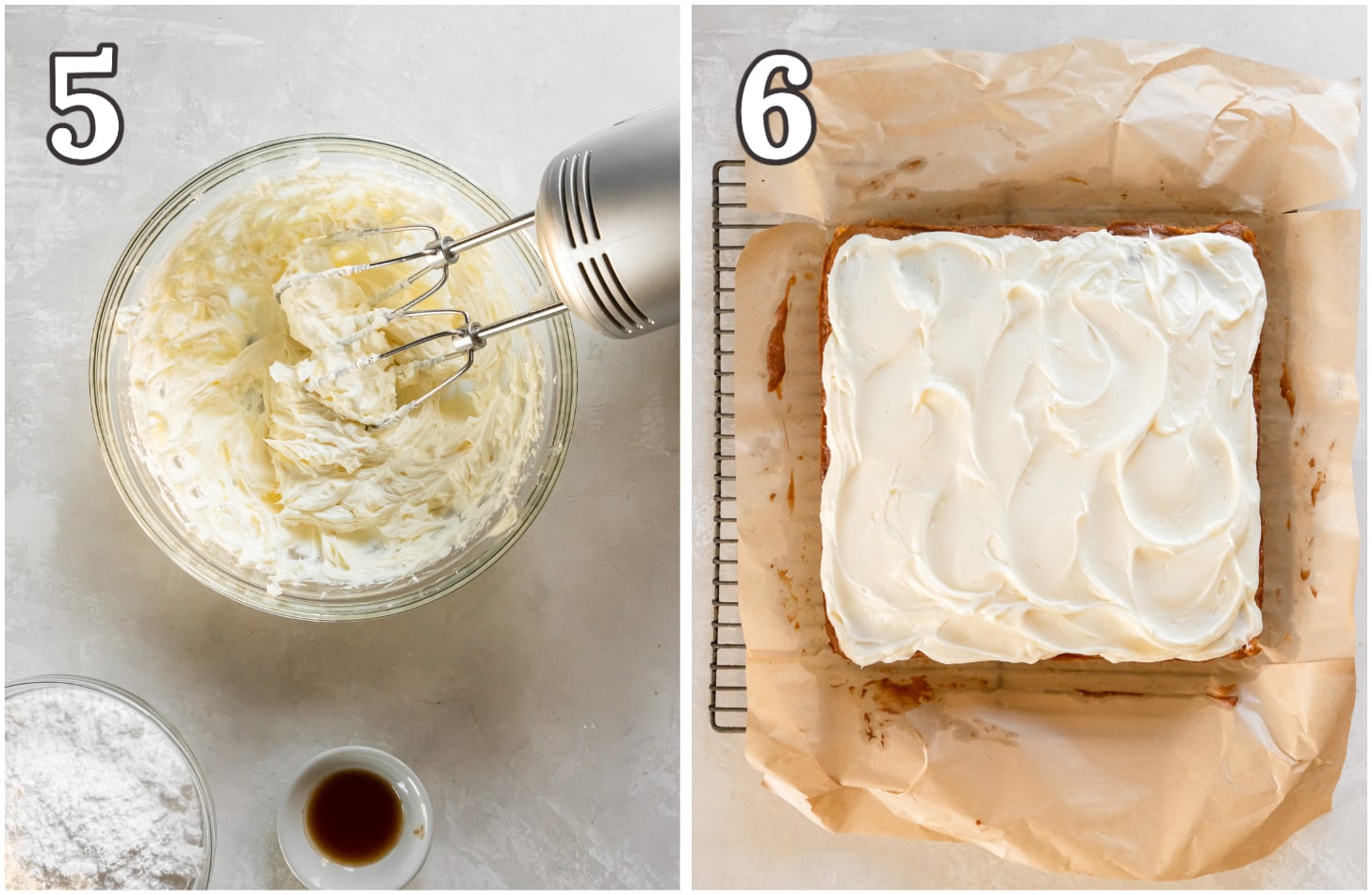 photo collage demonstrating how to make cream cheese frosting for pumpkin bars.