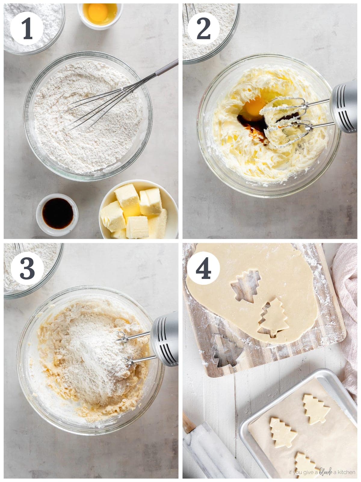 photo collage demonstrating how to make cut out sugar cookie dough in a mixing bowl with hand mixer.