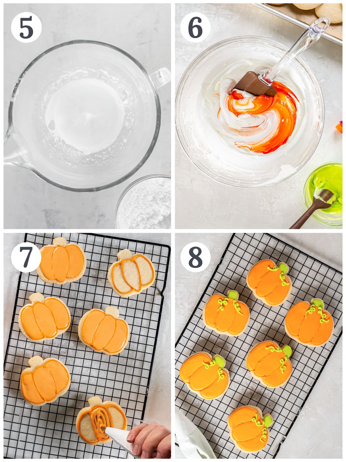 photo collage demonstrating how to make royal icing and decorate pumpkin cookies.